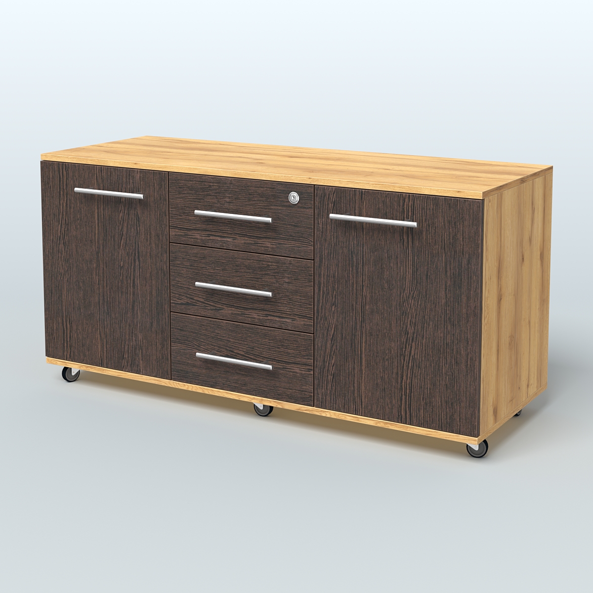 Тумба сервисная Индиго с 3 ящиками с замком и 2 фасадами Дуб Золотистый + Дуб Венге