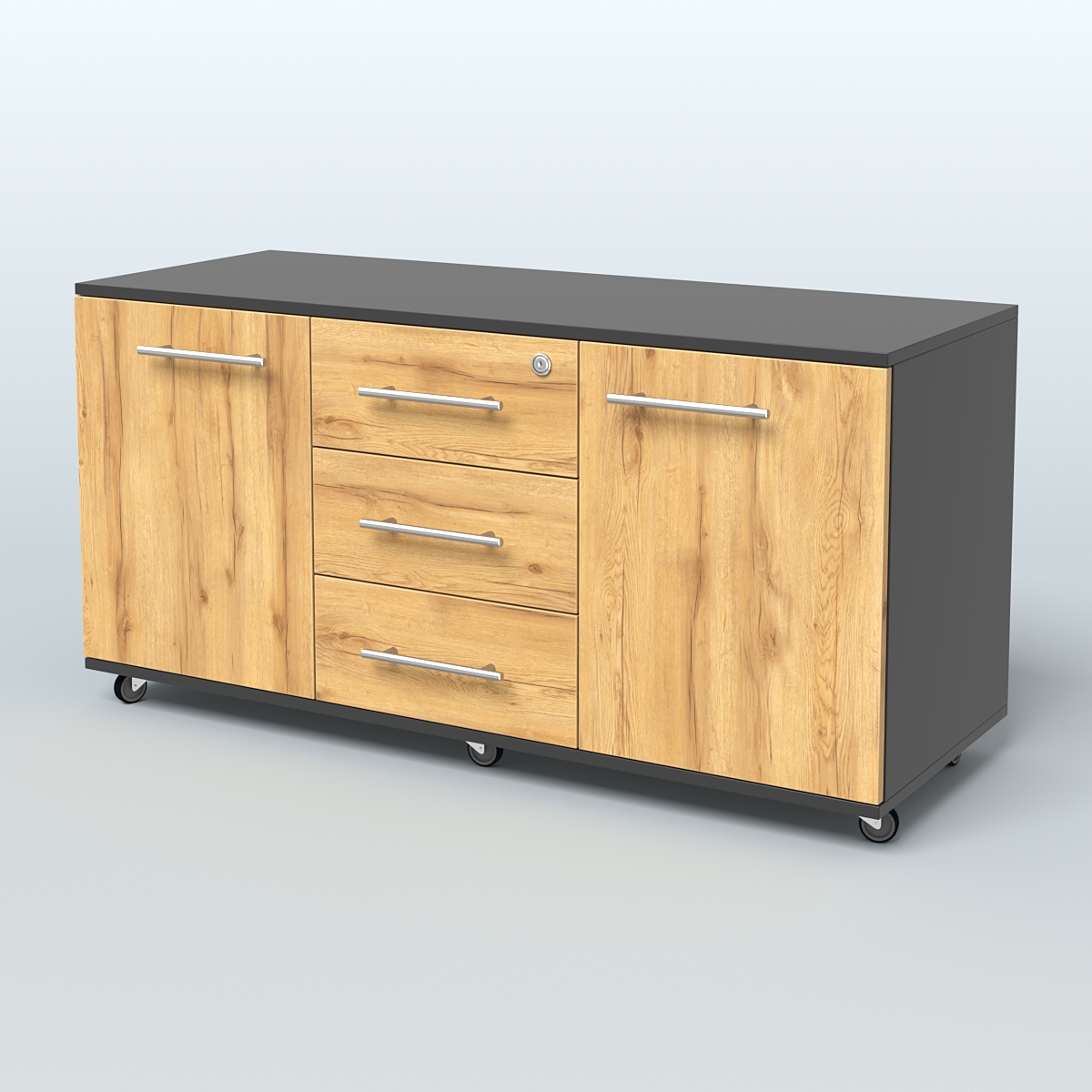 Тумба сервисная Индиго с 3 ящиками с замком и 2 фасадами Черный и Дуб Золотистый U1148