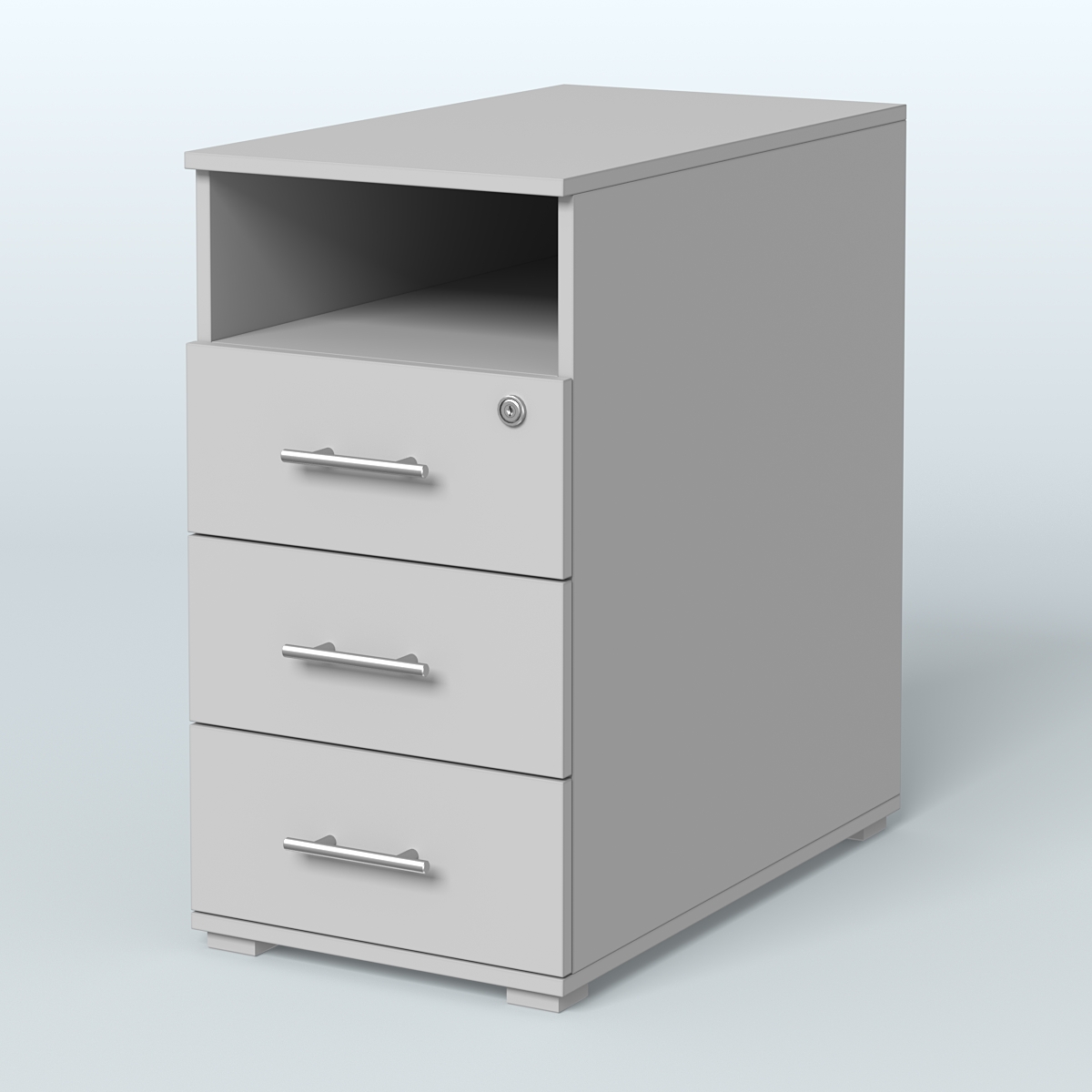 Тумба приставная с 3 ящиками (метабокс) и нишей с замком без топа Индиго Вуд, цвет белый + дуб светлый Серый