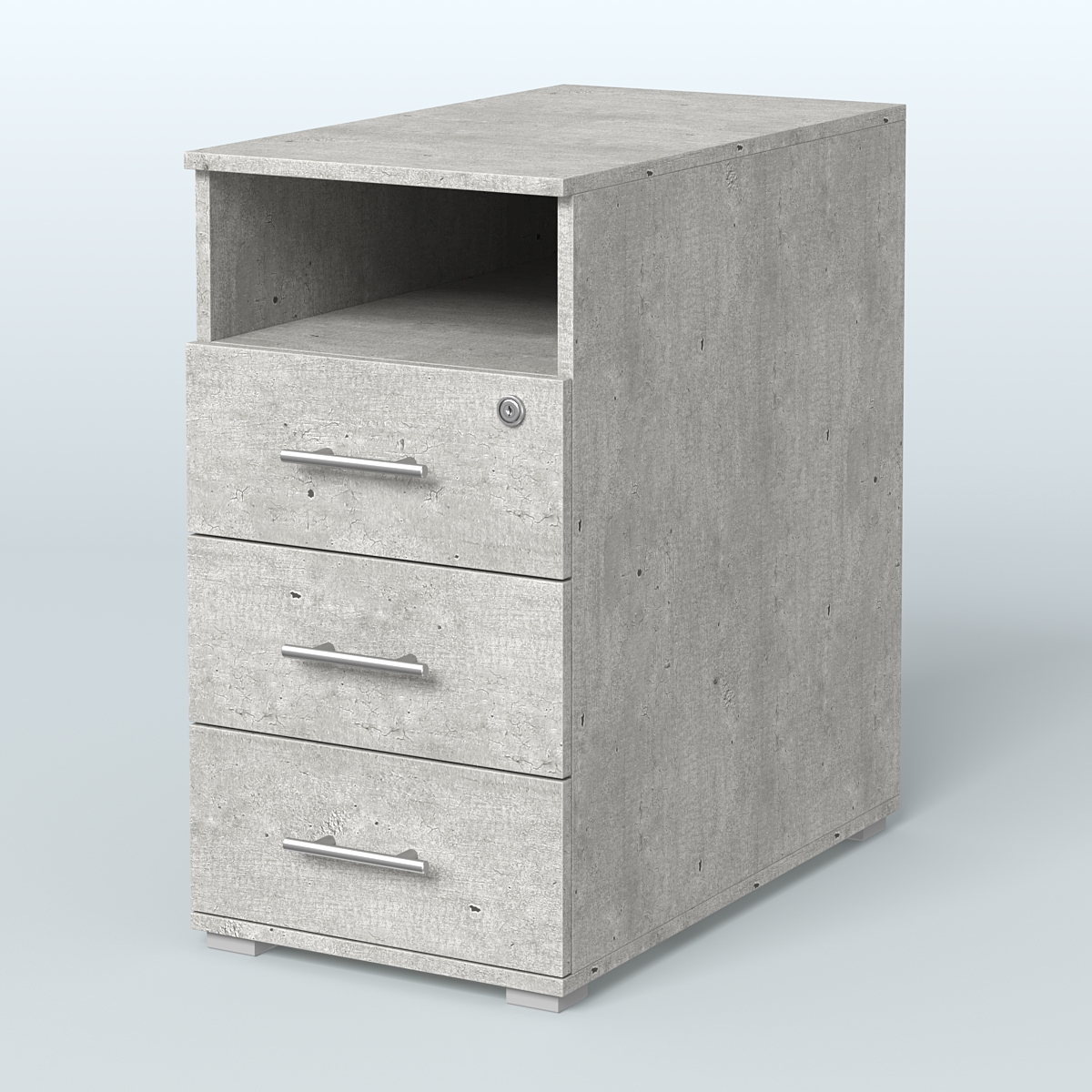 Тумба приставная с 3 ящиками (метабокс) и нишей с замком без топа Индиго Вуд, цвет белый + дуб светлый Метрополитан Грей