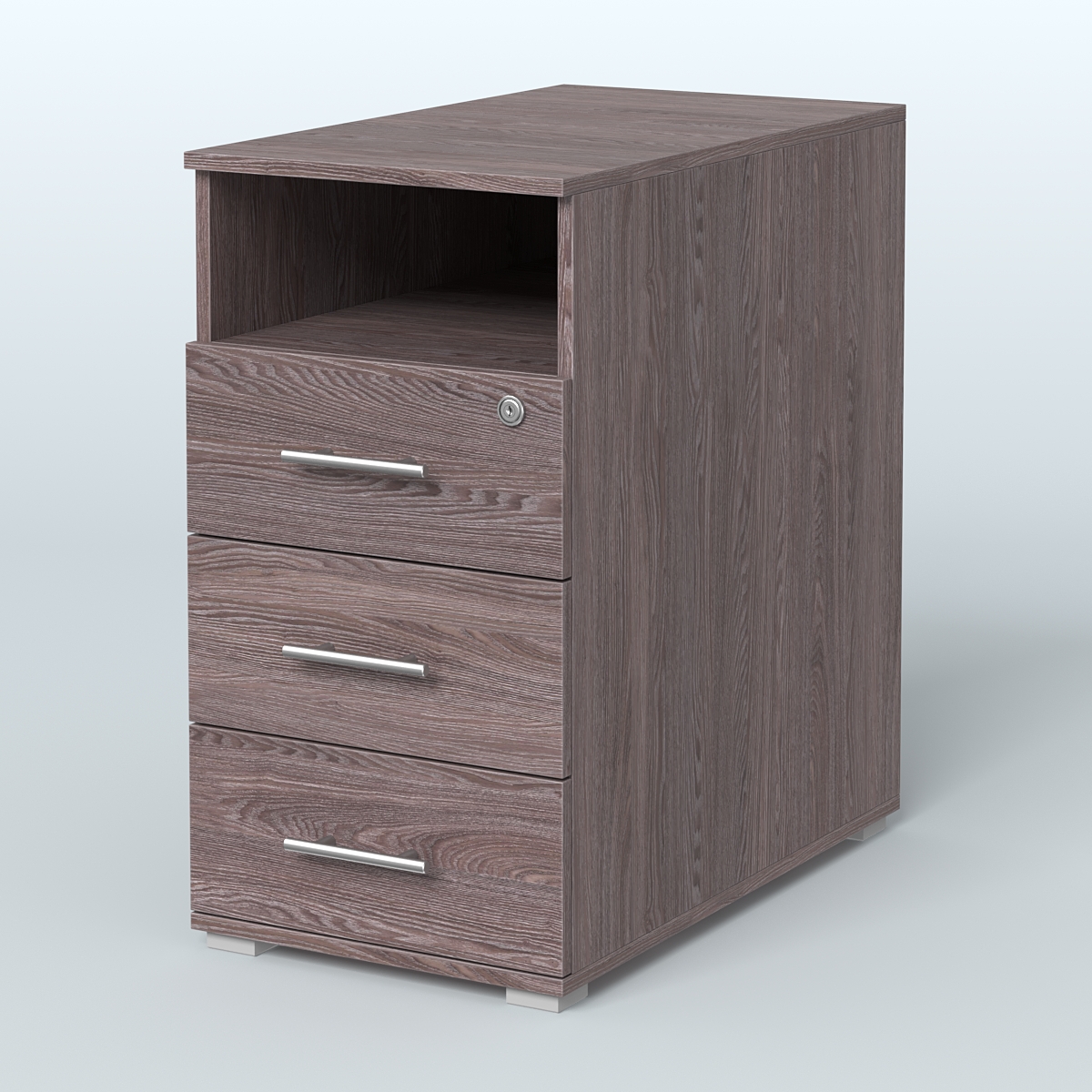 Тумба приставная с 3 ящиками (метабокс) и нишей с замком без топа Индиго Вуд, цвет белый + дуб светлый Ясень Анкор темный