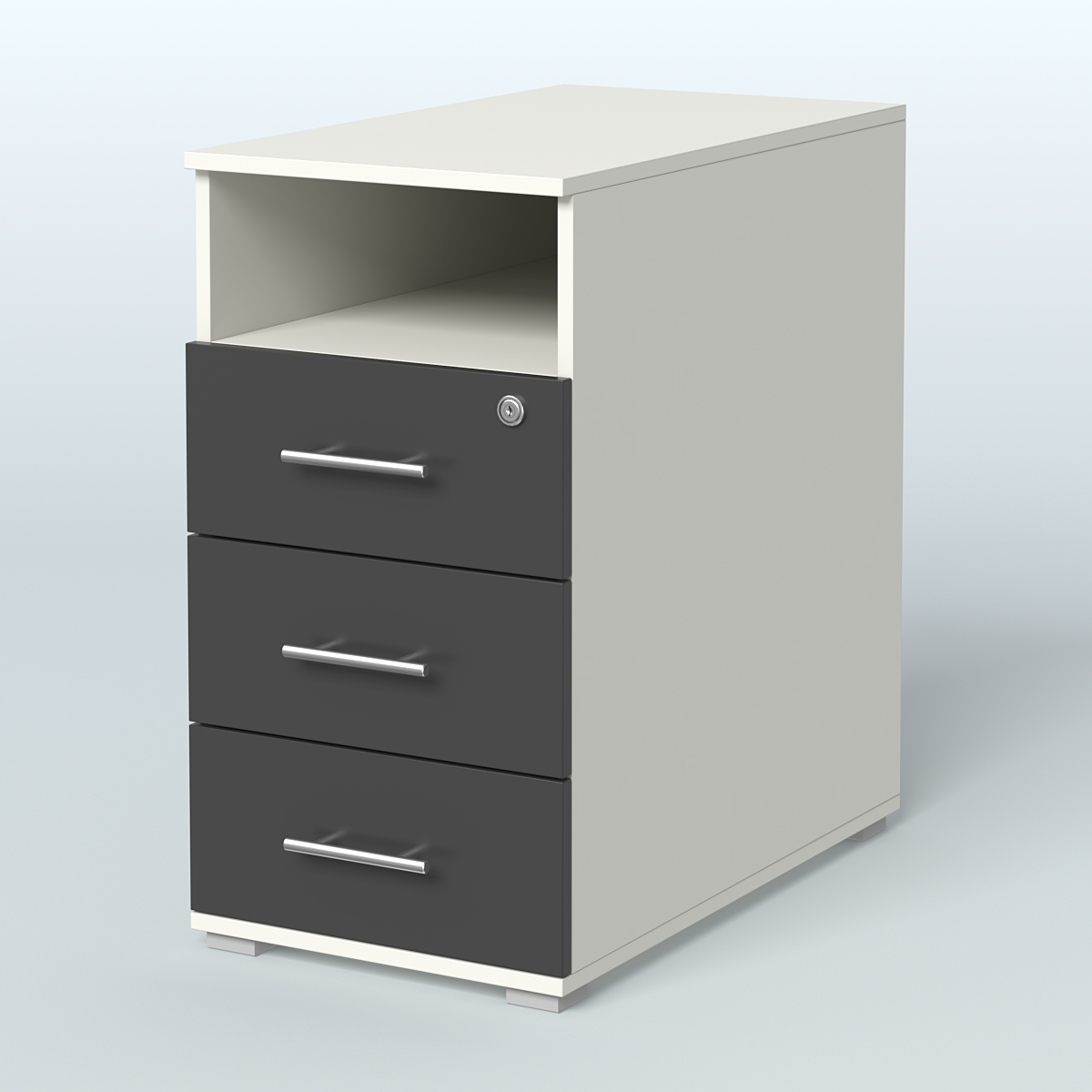 Тумба приставная с 3 ящиками (метабокс) и нишей с замком без топа Индиго Вуд, цвет белый + дуб светлый Белый и Черный