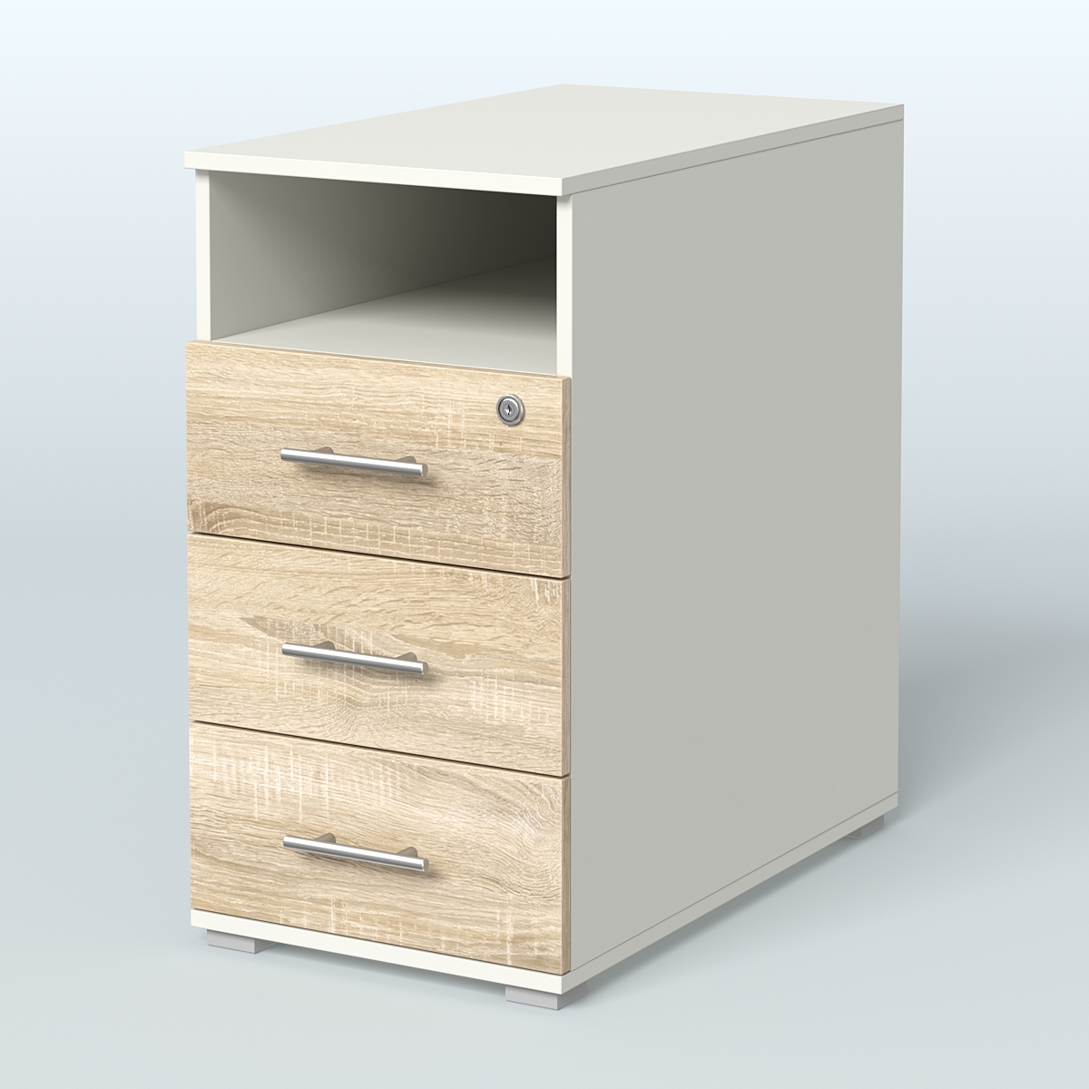 Тумба приставная с 3 ящиками (метабокс) и нишей с замком без топа Индиго Вуд, цвет белый + дуб светлый Белый + Дуб Сонома