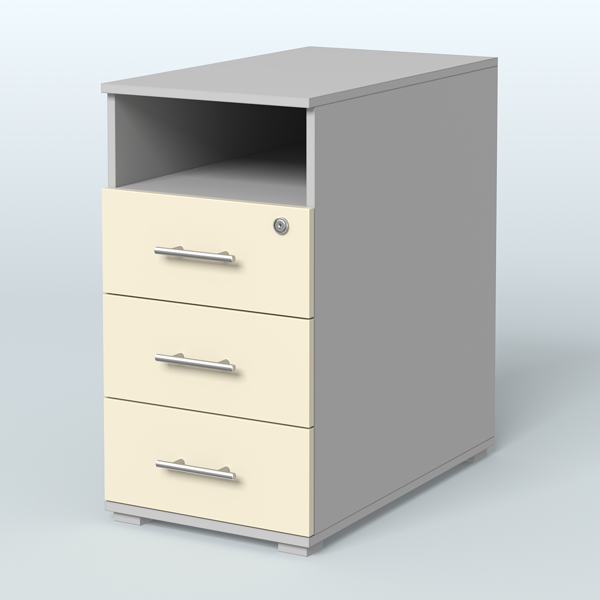 Тумба приставная с 3 ящиками (метабокс) и нишей с замком без топа Индиго Вуд, цвет белый + дуб светлый Серый + Крем Вайс