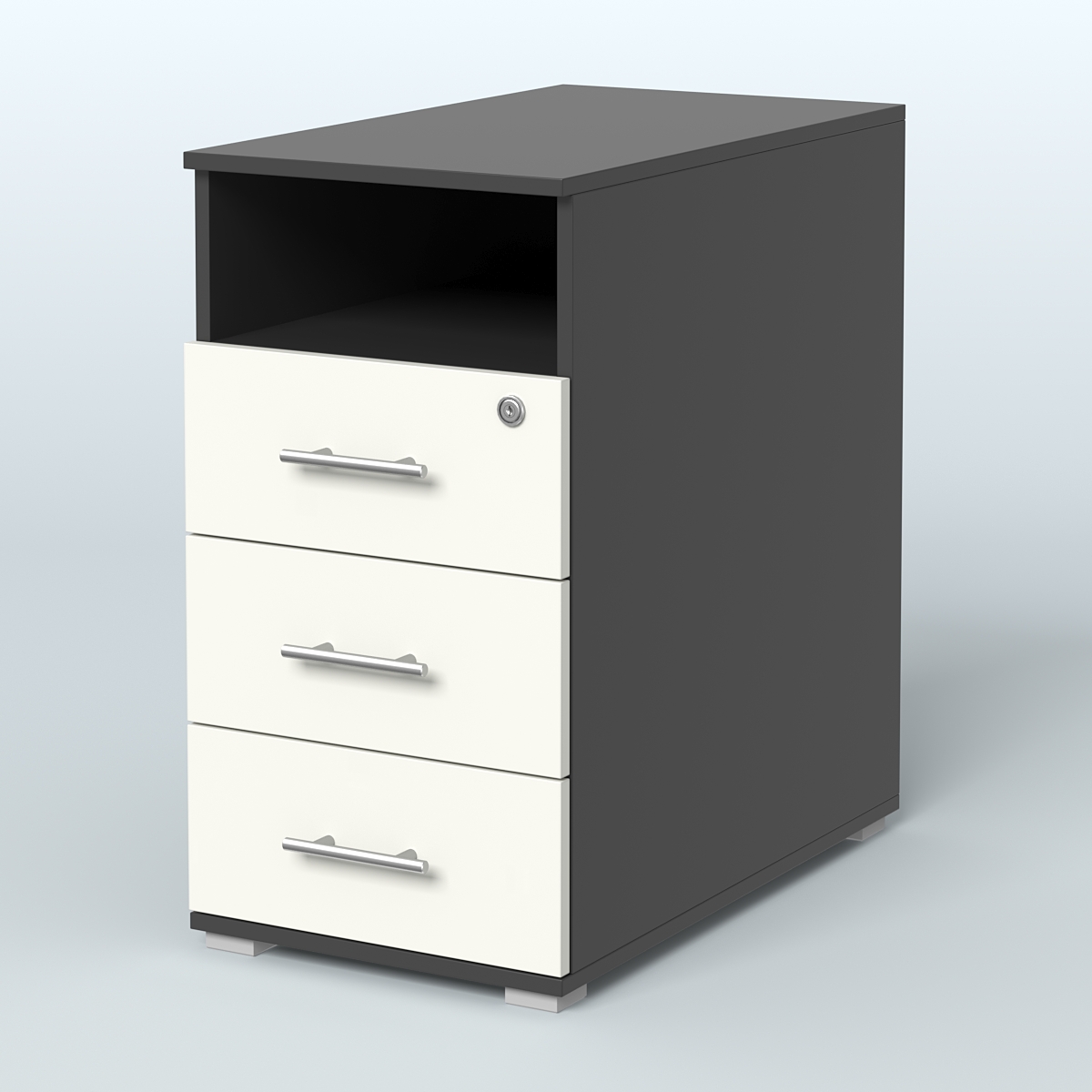 Тумба приставная с 3 ящиками (метабокс) и нишей с замком без топа Индиго Вуд, цвет белый + дуб светлый Черный + Белый