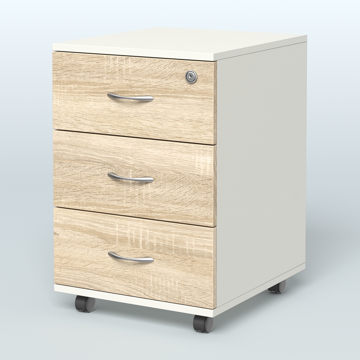 Тумба мобильная с 3 ящиками и замком Индиго Вуд, цвет дуб светлый + белый Белый + Дуб Сонома