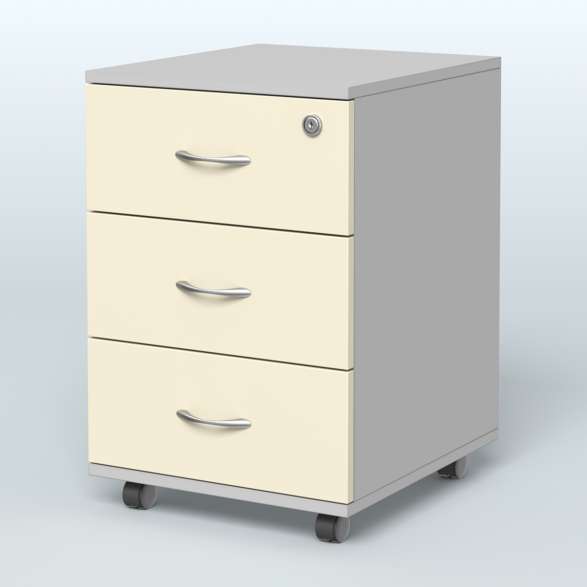 Тумба мобильная с 3 ящиками и замком Индиго Вуд, цвет дуб светлый + белый Серый + Крем Вайс