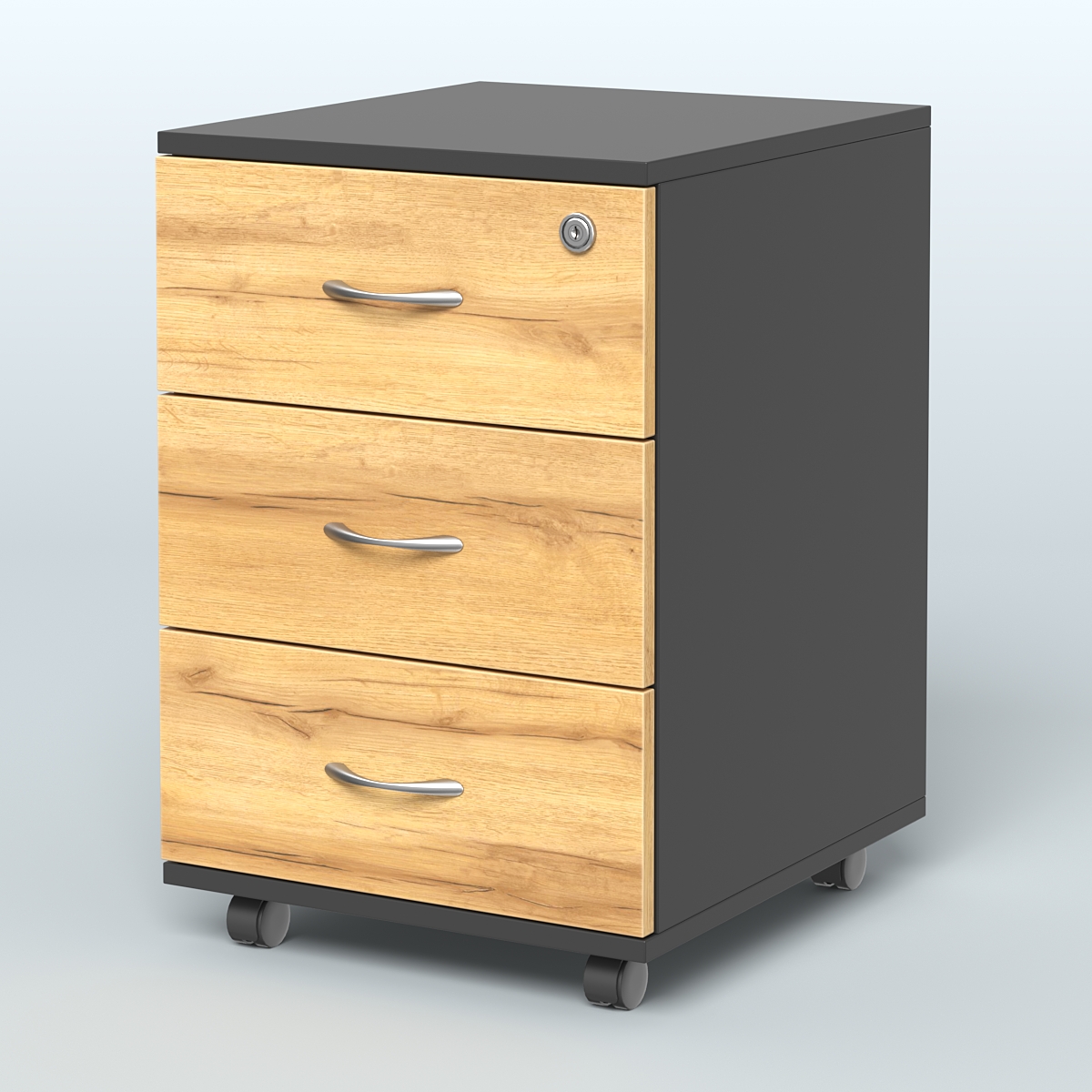 Тумба мобильная с 3 ящиками и замком Индиго Вуд, цвет дуб светлый + белый Черный и Дуб Золотистый U1148