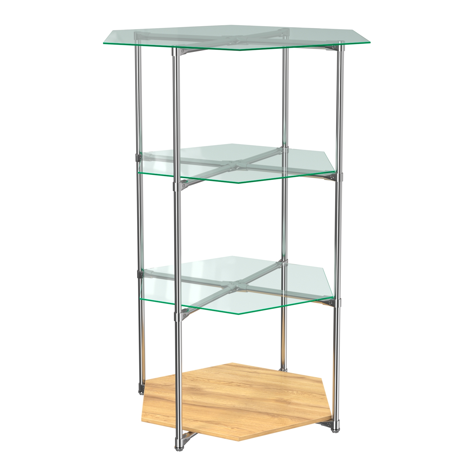 Торговый стенд ЗВЕЗДА с тремя стеклянными шестигранными полками №1 Дуб Золотистый