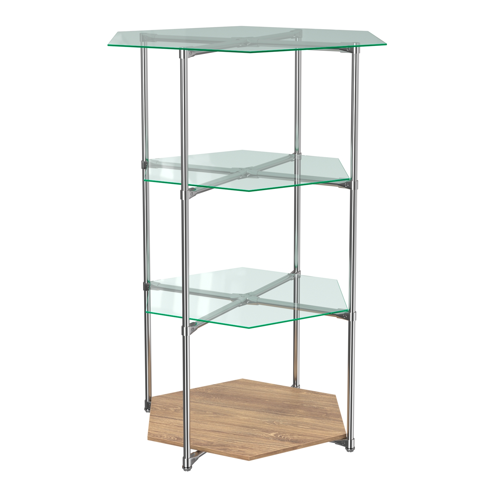 Торговый стенд ЗВЕЗДА с тремя стеклянными шестигранными полками №1 Дуб Канзас коричневый