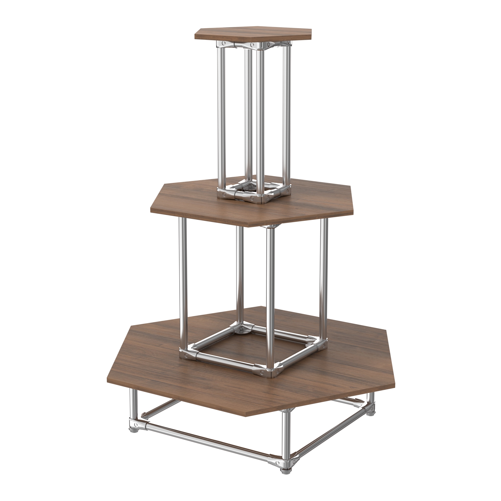 Торговый хромированный остров ПИРАМИДА №7 (полки ДСП 16мм) Орех