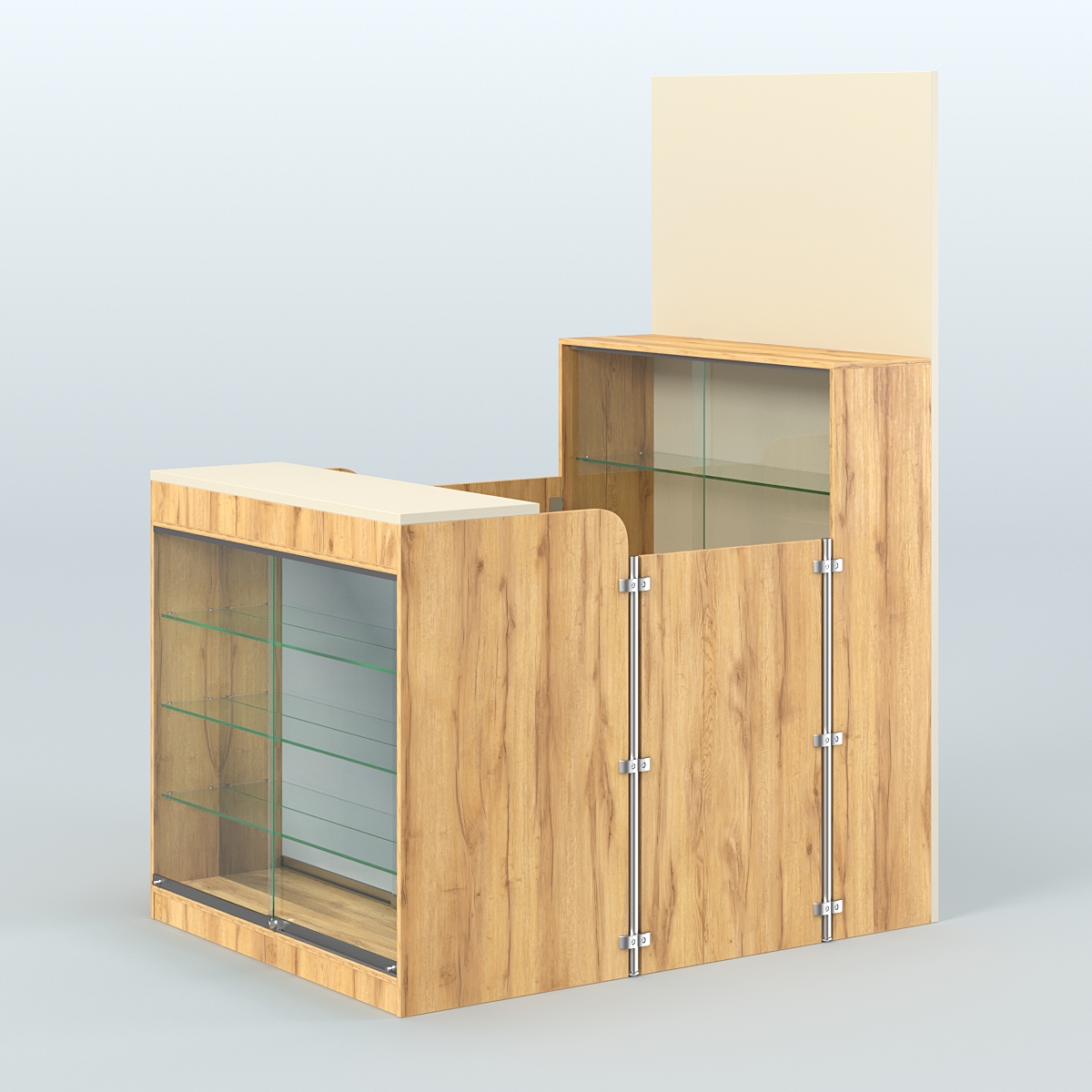 Мини павильон для торговли с полками и фасадным зеркалом СЛОТ №3 (2 кв.м) Дуб Золотистый и Крем Вайс