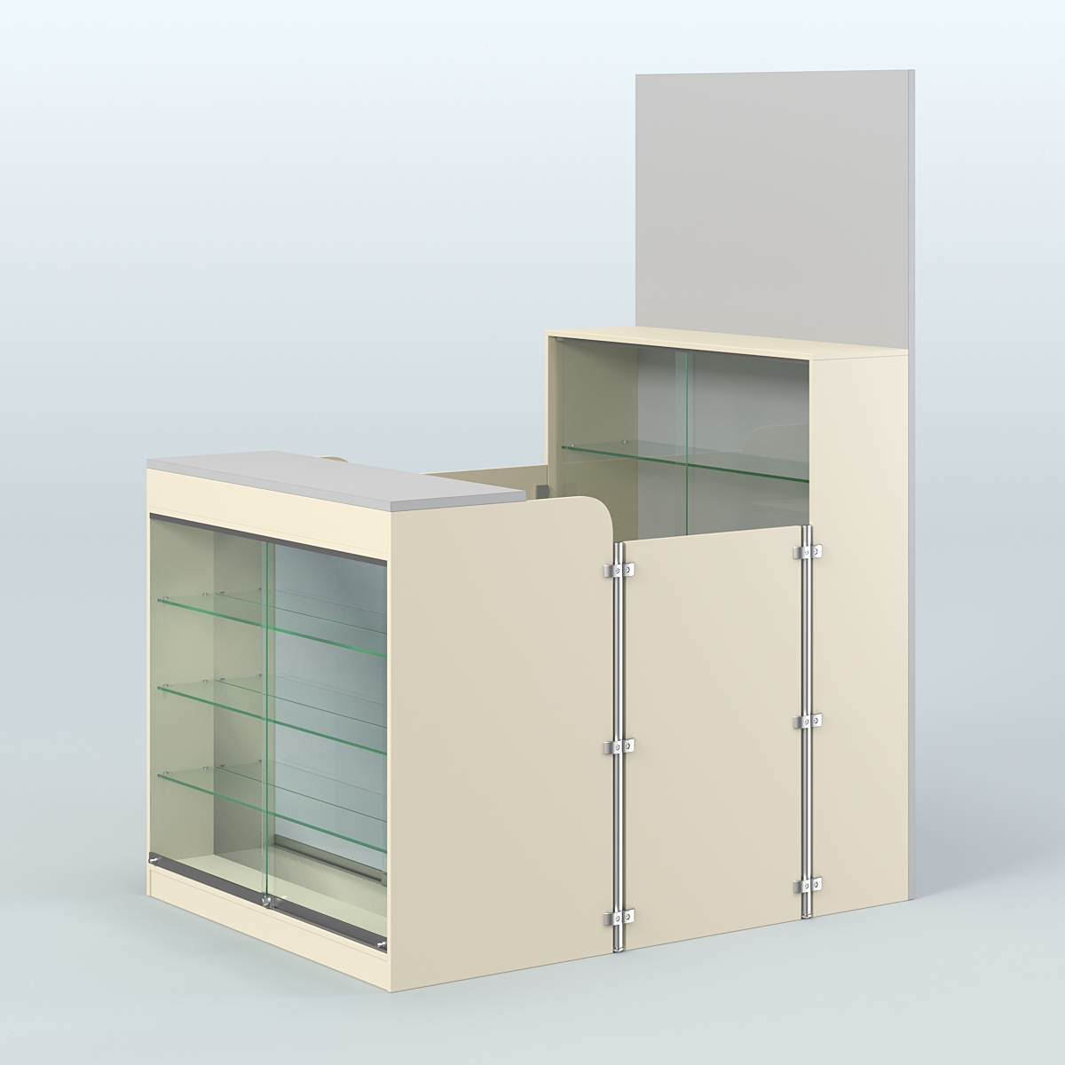 Мини павильон для торговли с полками и фасадным зеркалом СЛОТ №3 (2 кв.м) Крем Вайс + Серый
