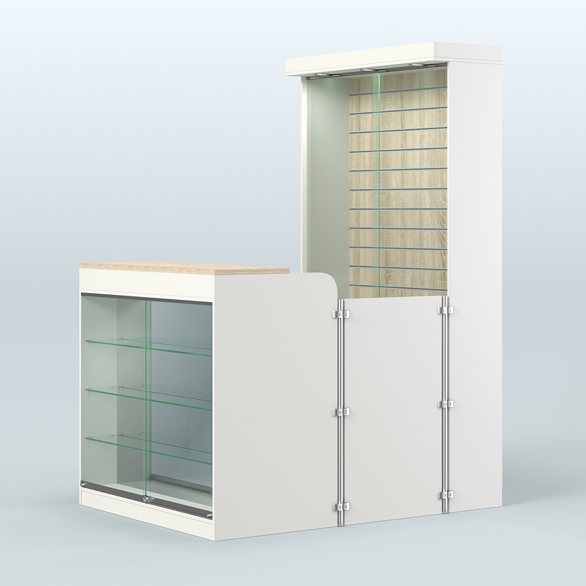 Мини павильон для торговли с фасадной витриной и задней эко-панелью СЛОТ №11 (2 кв.м) Белый + Дуб Сонома