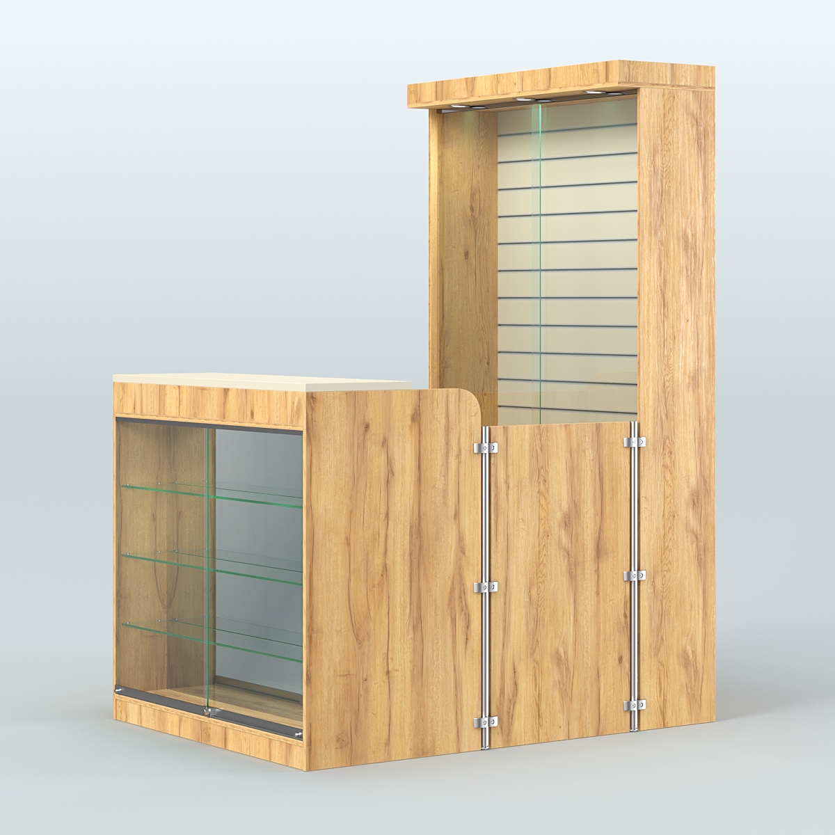 Мини павильон для торговли с фасадной витриной и задней эко-панелью СЛОТ №11 (2 кв.м) Дуб Золотистый и Крем Вайс