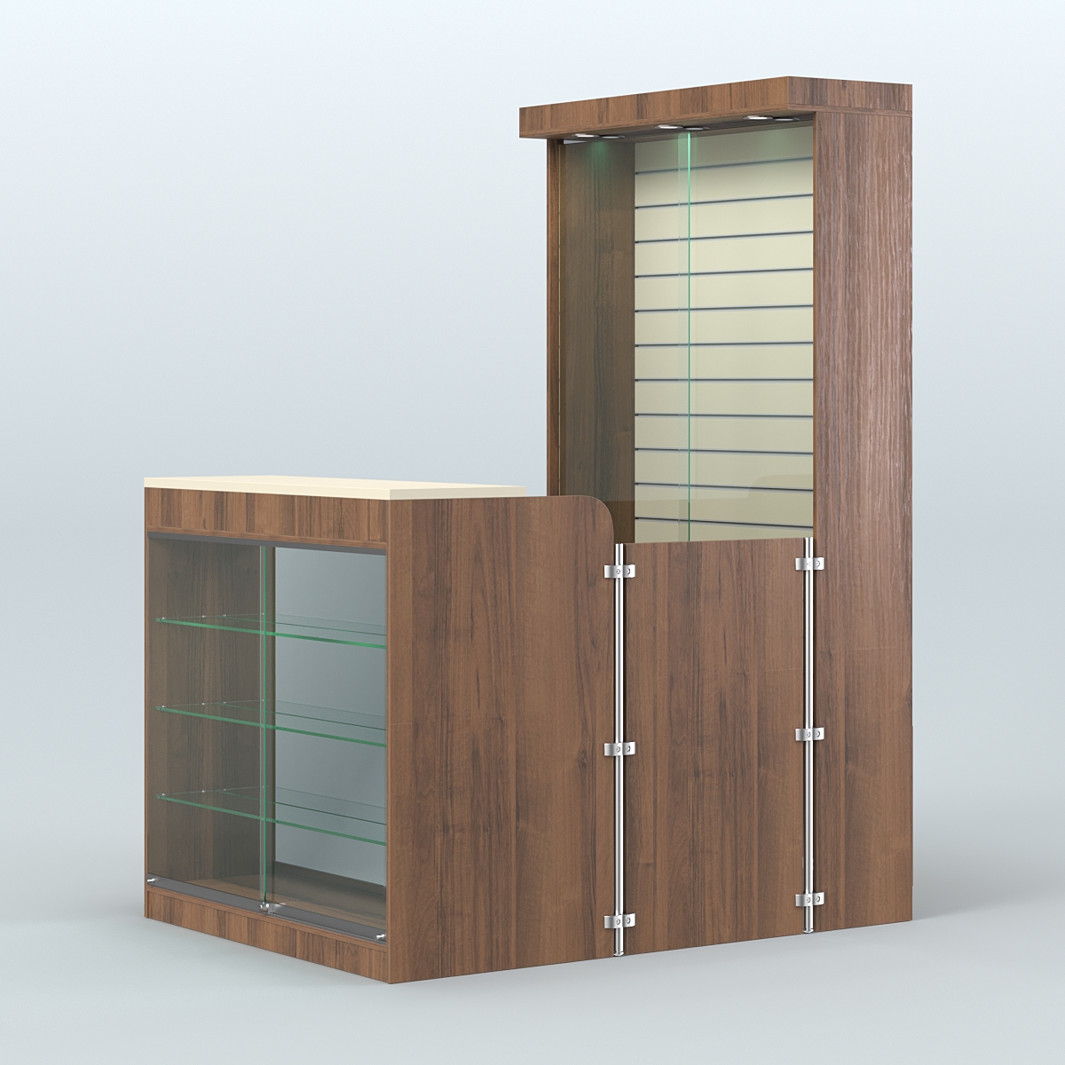 Мини павильон для торговли с фасадной витриной и задней эко-панелью СЛОТ №11 (2 кв.м) Орех + Крем Вайс