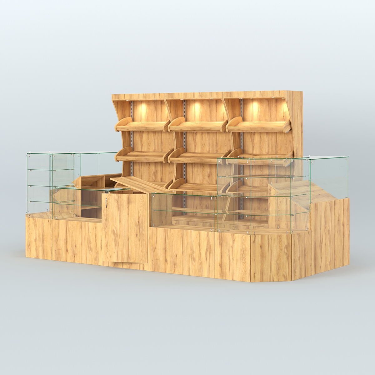 Пристенный павильон со стеклянными прилавками под выкладку хлеба и выпечки №2 Дуб Золотистый