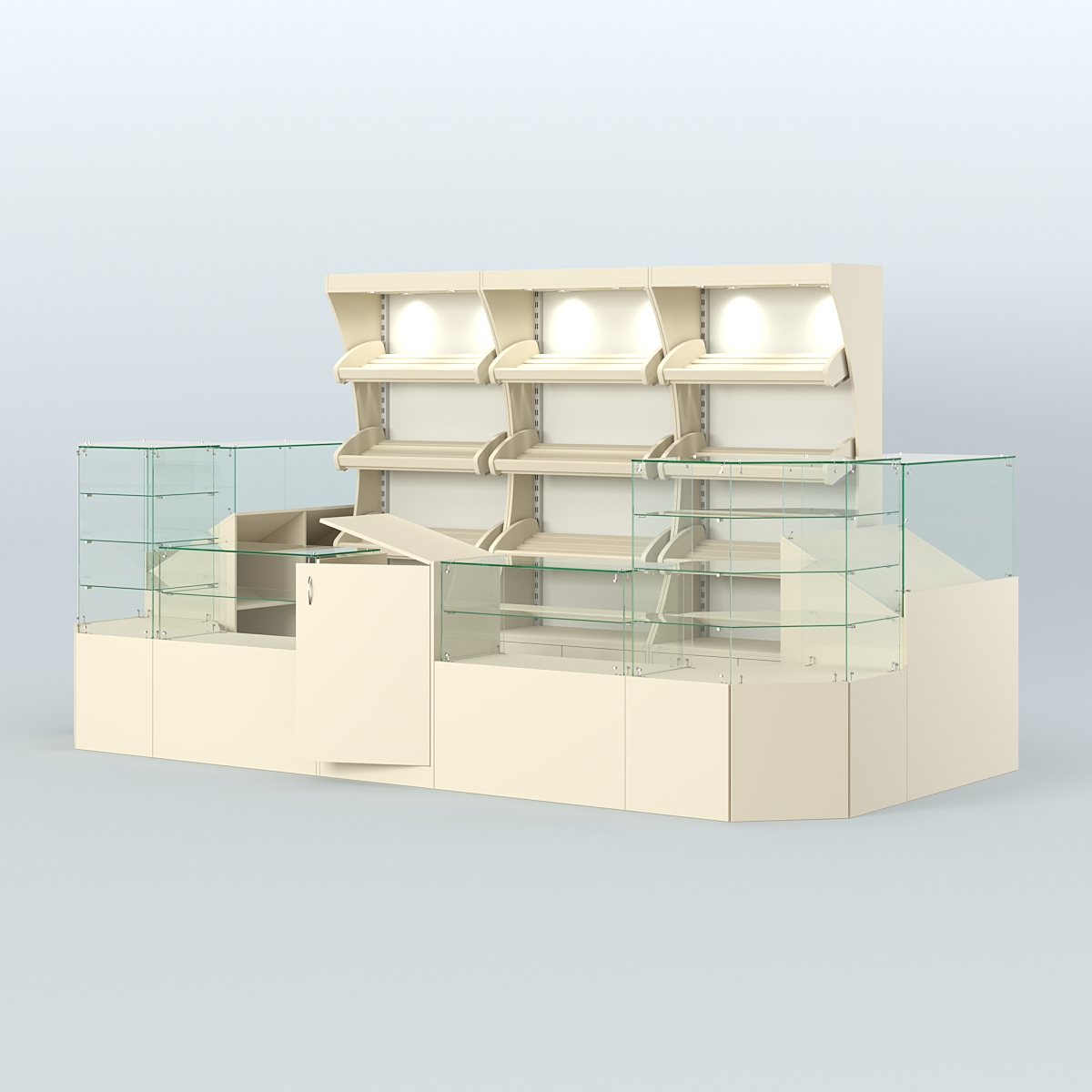 Пристенный павильон со стеклянными прилавками под выкладку хлеба и выпечки №2 Крем Вайс + Белый