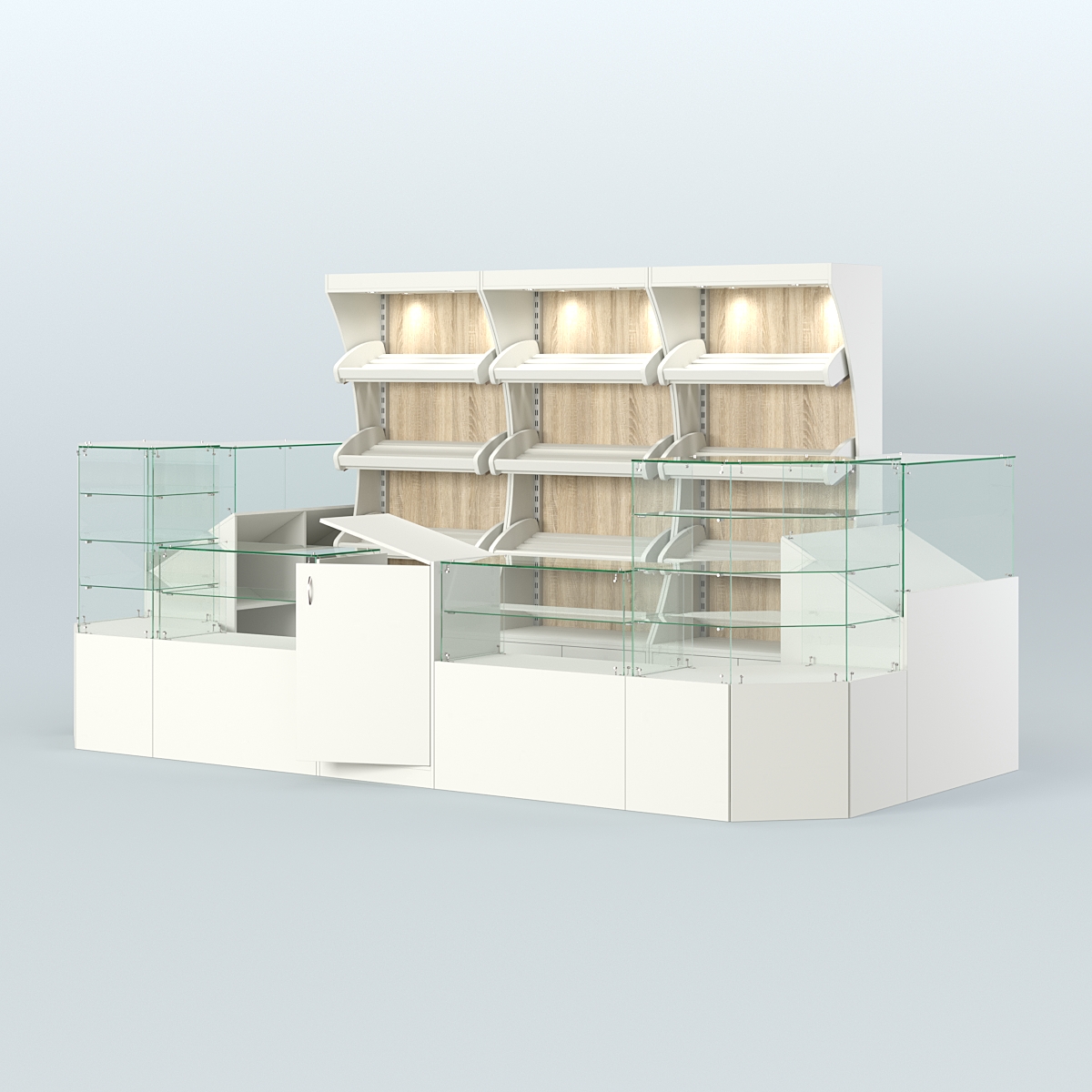 Пристенный павильон со стеклянными прилавками под выкладку хлеба и выпечки №2 Белый + Дуб Сонома