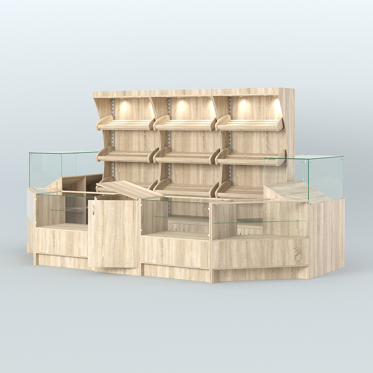 Пристенный павильон с недорогими прилавками для выкладки хлеба и выпечки №3 Дуб сонома