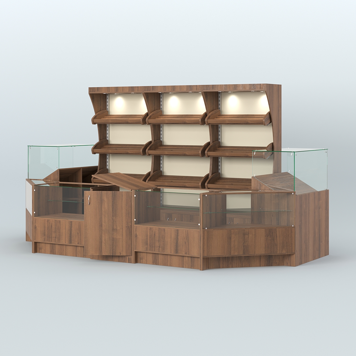 Пристенный павильон с недорогими прилавками для выкладки хлеба и выпечки №3 Орех + Крем Вайс