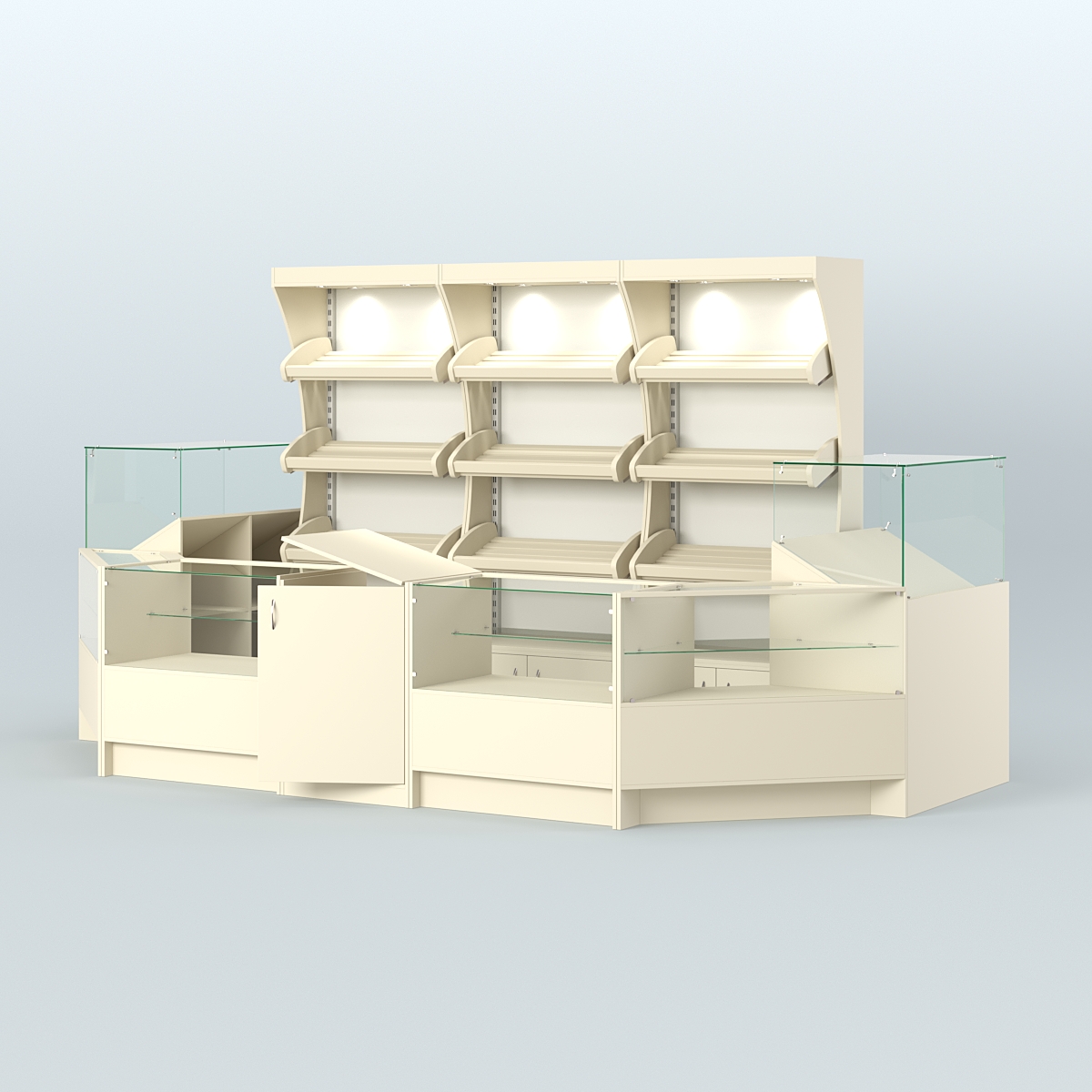 Пристенный павильон с недорогими прилавками для выкладки хлеба и выпечки №3 Крем Вайс + Белый