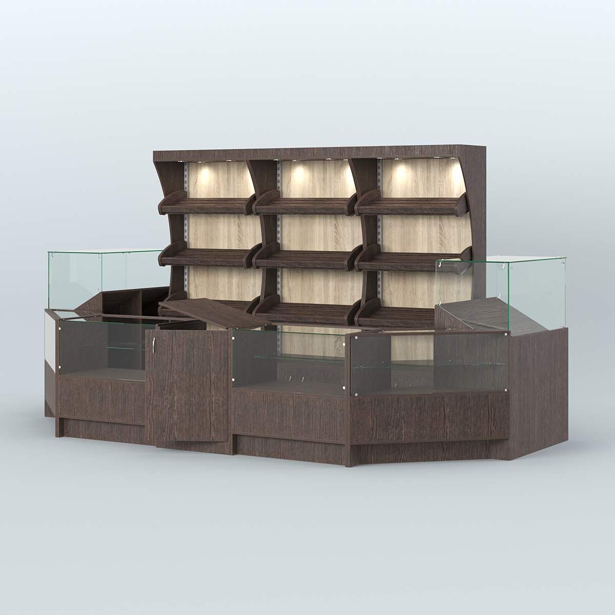 Пристенный павильон с недорогими прилавками для выкладки хлеба и выпечки №3 Дуб Венге + Дуб Сонома