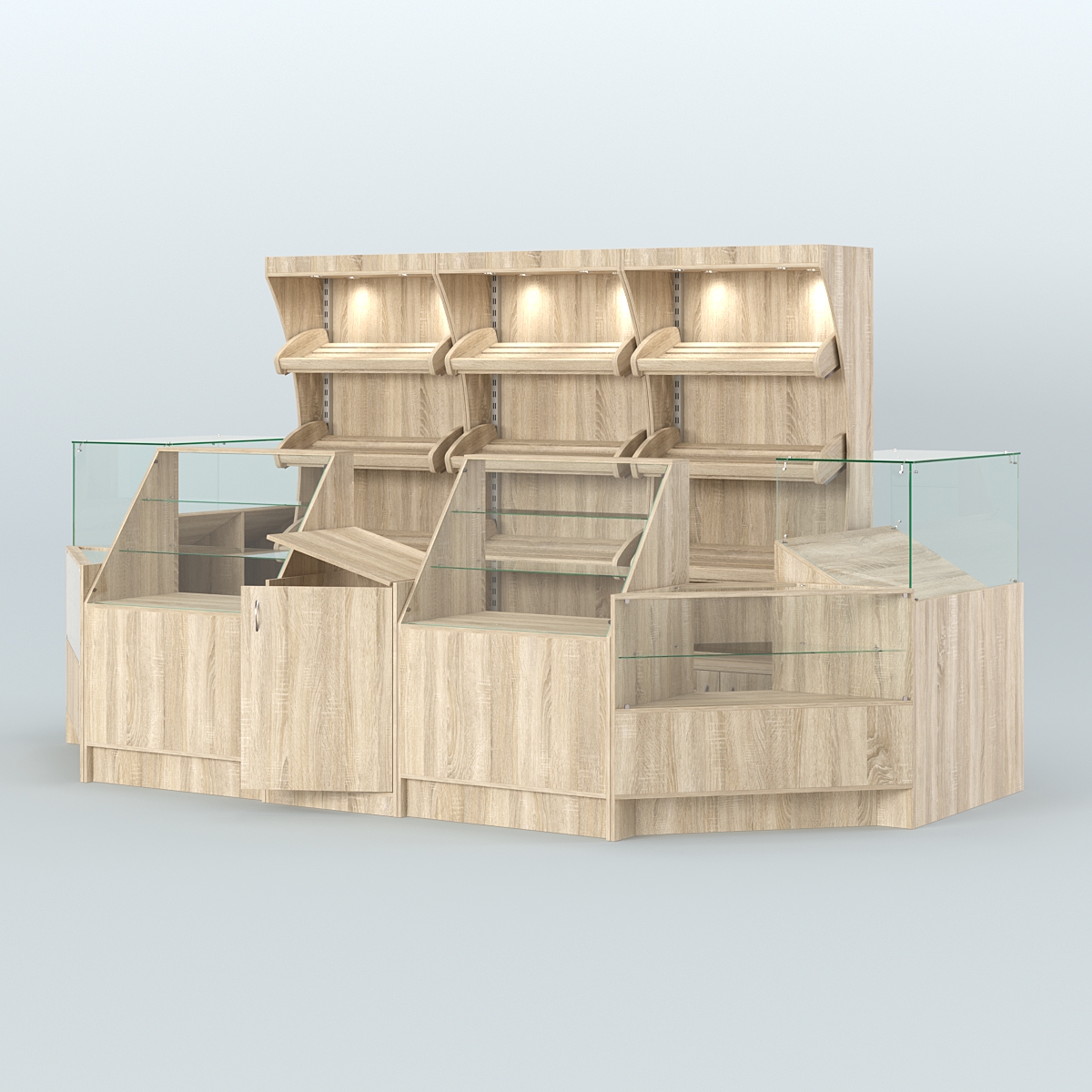 Пристенный павильон с прилавками из ДСП для продажи хлеба и выпечки №4 Дуб сонома