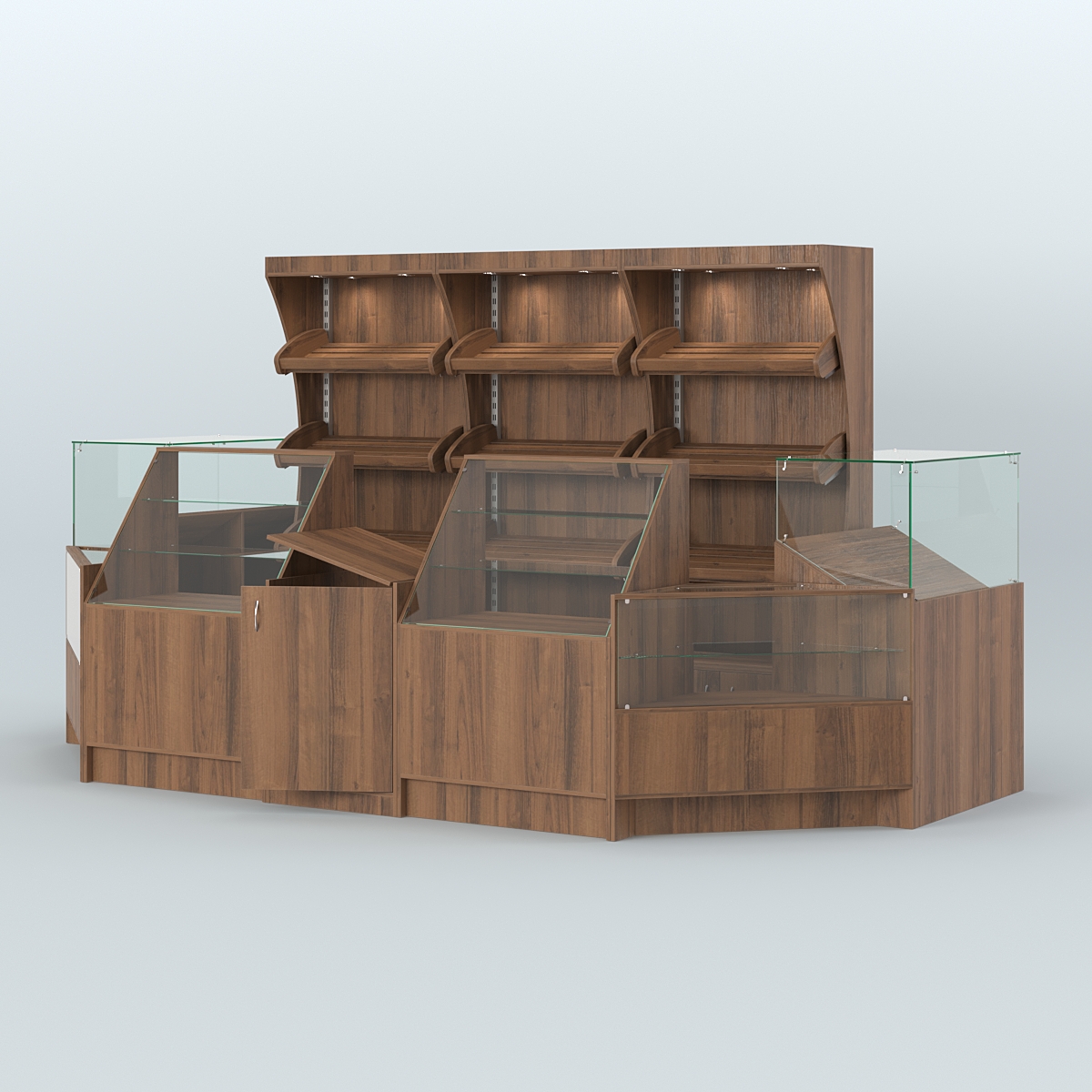 Пристенный павильон с прилавками из ДСП для продажи хлеба и выпечки №4 Орех