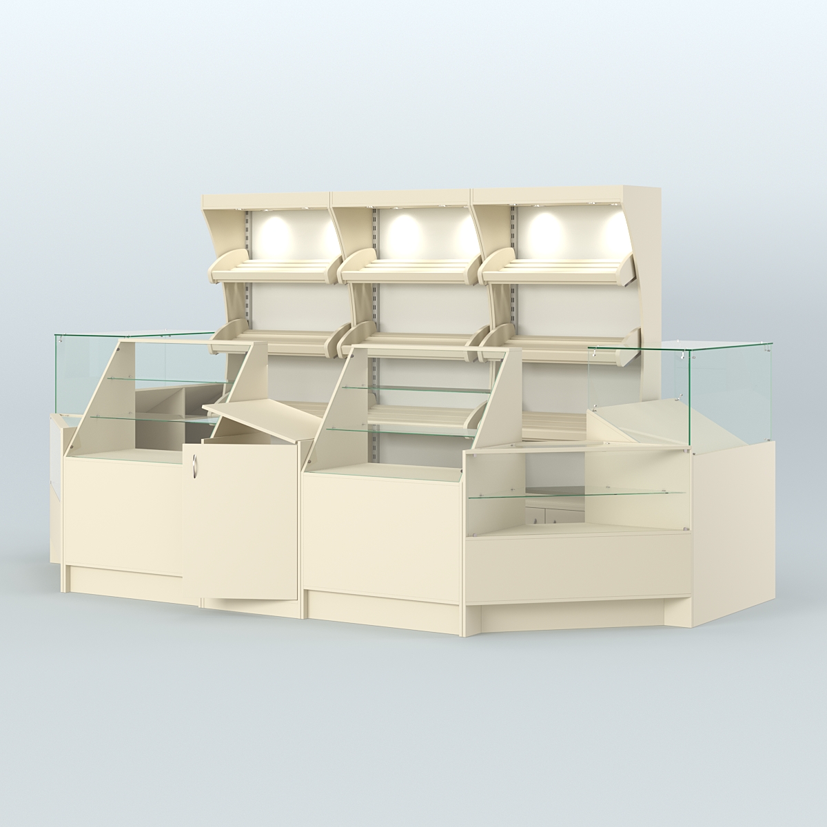 Пристенный павильон с прилавками из ДСП для продажи хлеба и выпечки №4 Крем Вайс + Белый