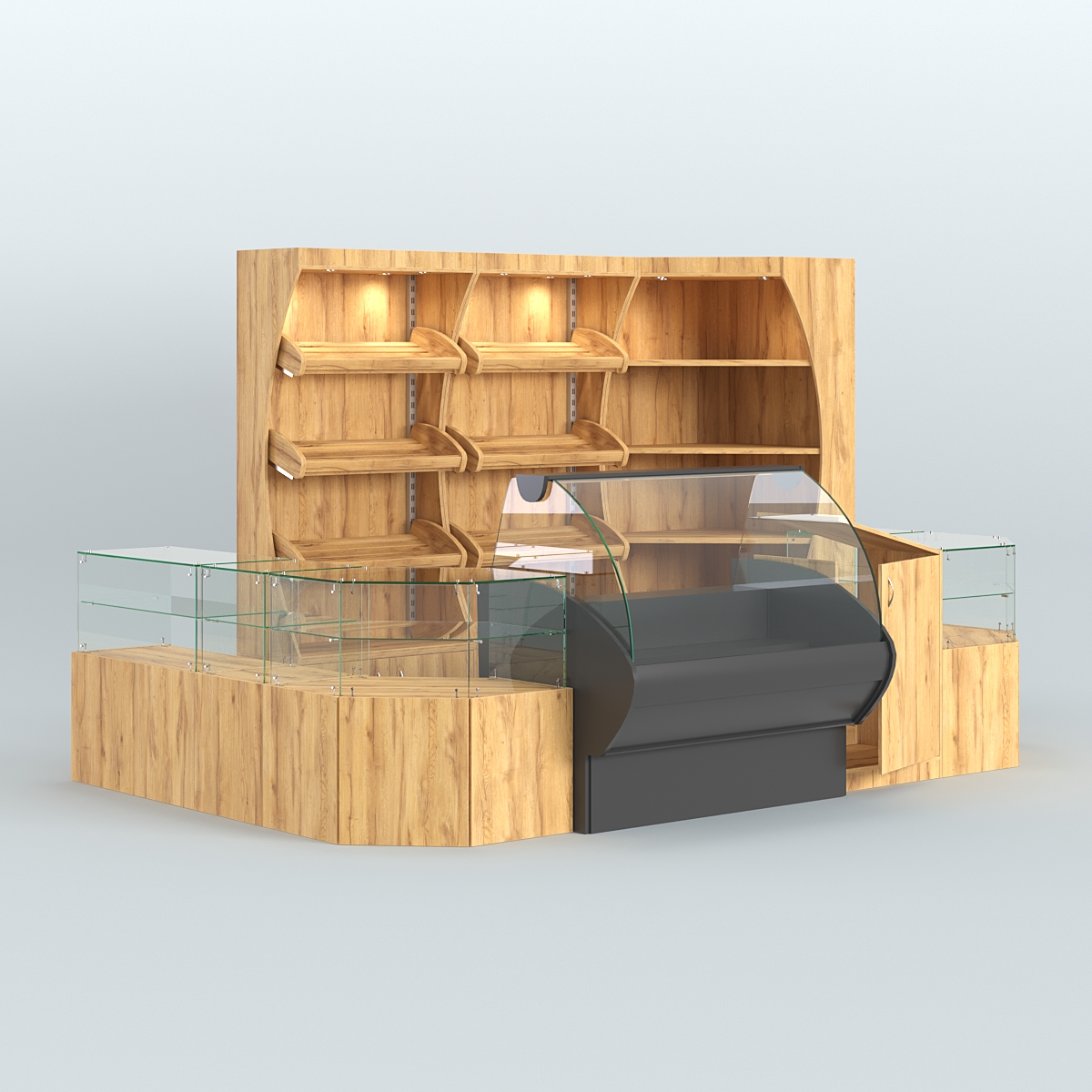 Угловой павильон с широкими прилавками для торговли хлебом и выпечкой №1 Дуб Золотистый