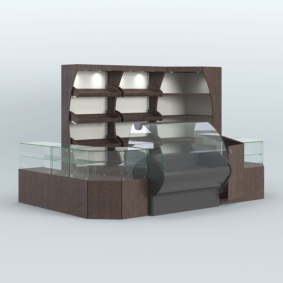 Угловой павильон с широкими прилавками для торговли хлебом и выпечкой №1 Дуб Венге + Белый