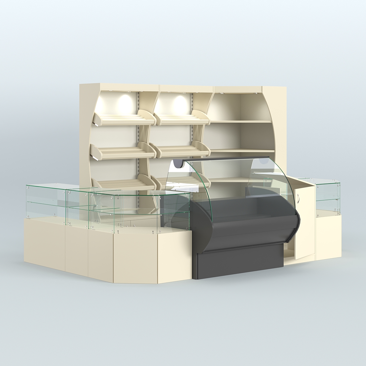 Угловой павильон с широкими прилавками для торговли хлебом и выпечкой №1 Крем Вайс + Белый