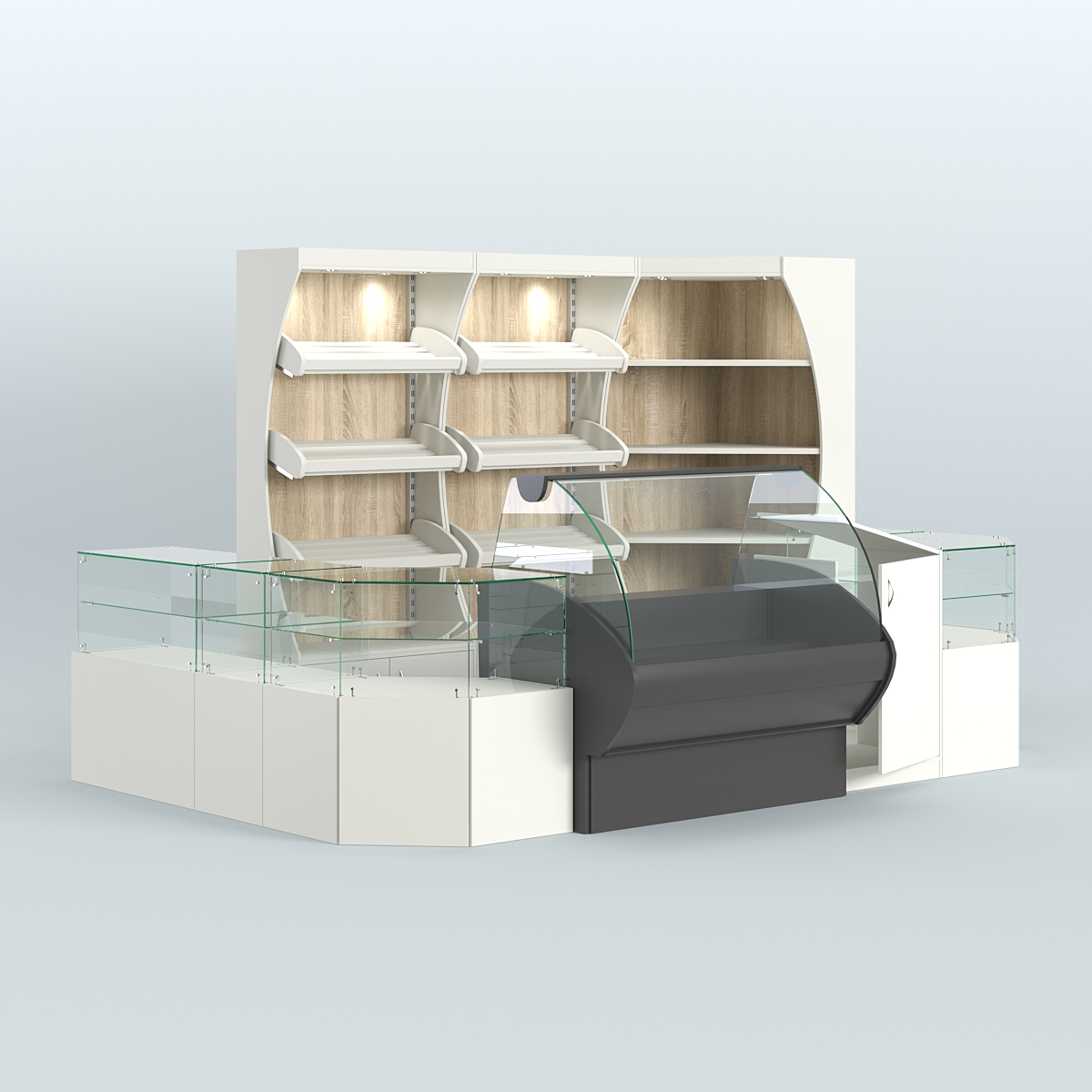 Угловой павильон с широкими прилавками для торговли хлебом и выпечкой №1 Белый + Дуб Сонома