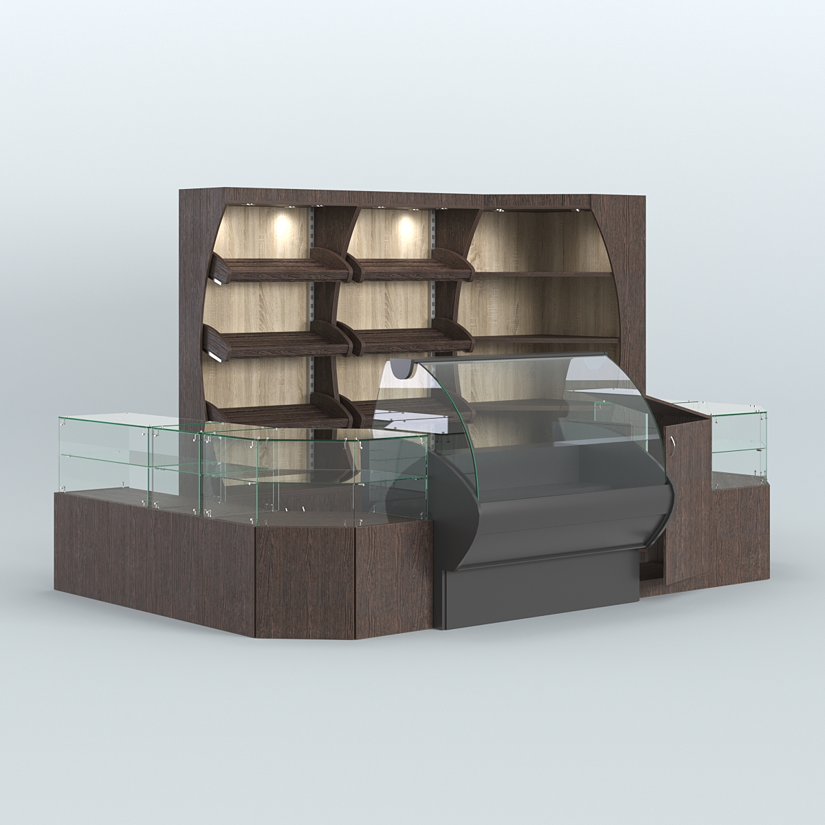 Угловой павильон с широкими прилавками для торговли хлебом и выпечкой №1 Дуб Венге + Дуб Сонома