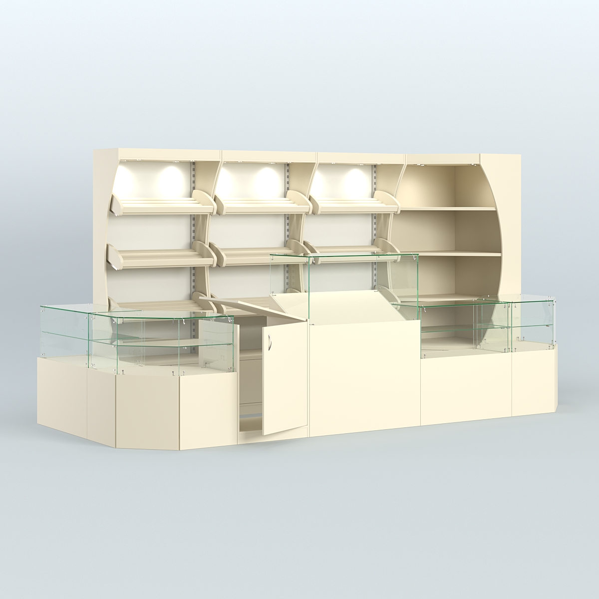 Угловой павильон со стеклянными прилавками для продажи хлеба и выпечки №3 Крем Вайс + Белый