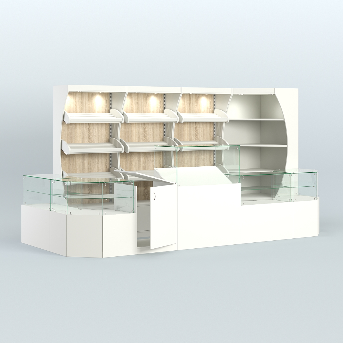 Угловой павильон со стеклянными прилавками для продажи хлеба и выпечки №3 Белый + Дуб Сонома