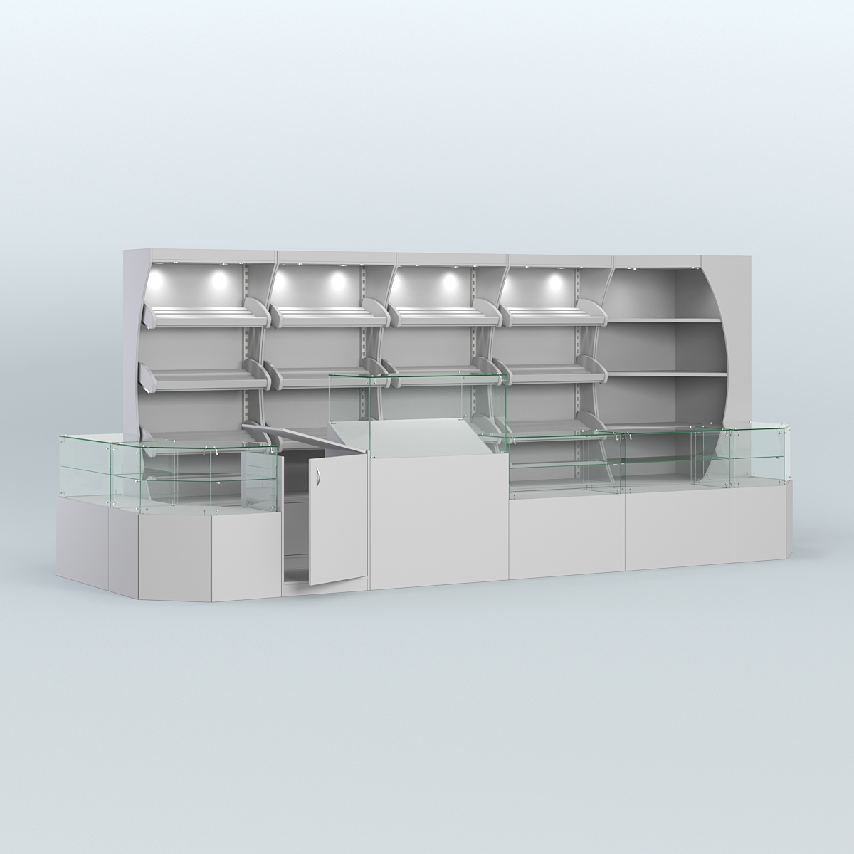 Угловой павильон с широким рядом стеллажей для размещения хлеба и выпечки №4 Серый