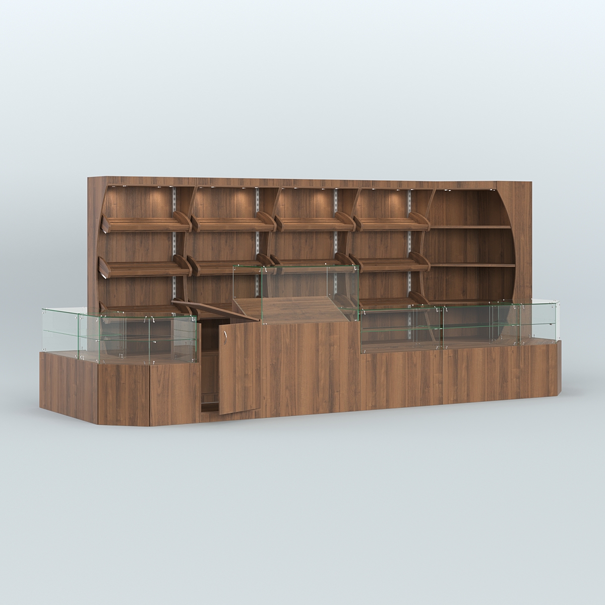 Угловой павильон с широким рядом стеллажей для размещения хлеба и выпечки №4 Орех