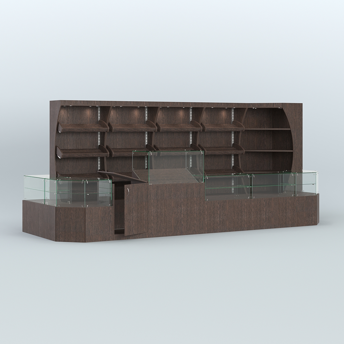 Угловой павильон с широким рядом стеллажей для размещения хлеба и выпечки №4 Дуб Венге