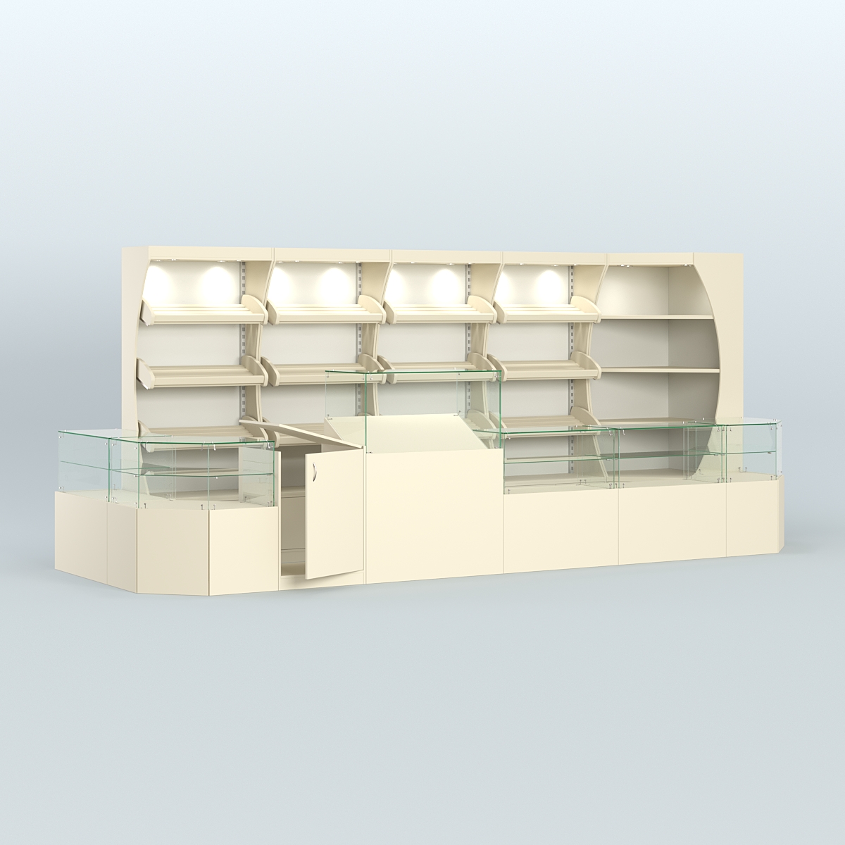 Угловой павильон с широким рядом стеллажей для размещения хлеба и выпечки №4 Крем Вайс + Белый