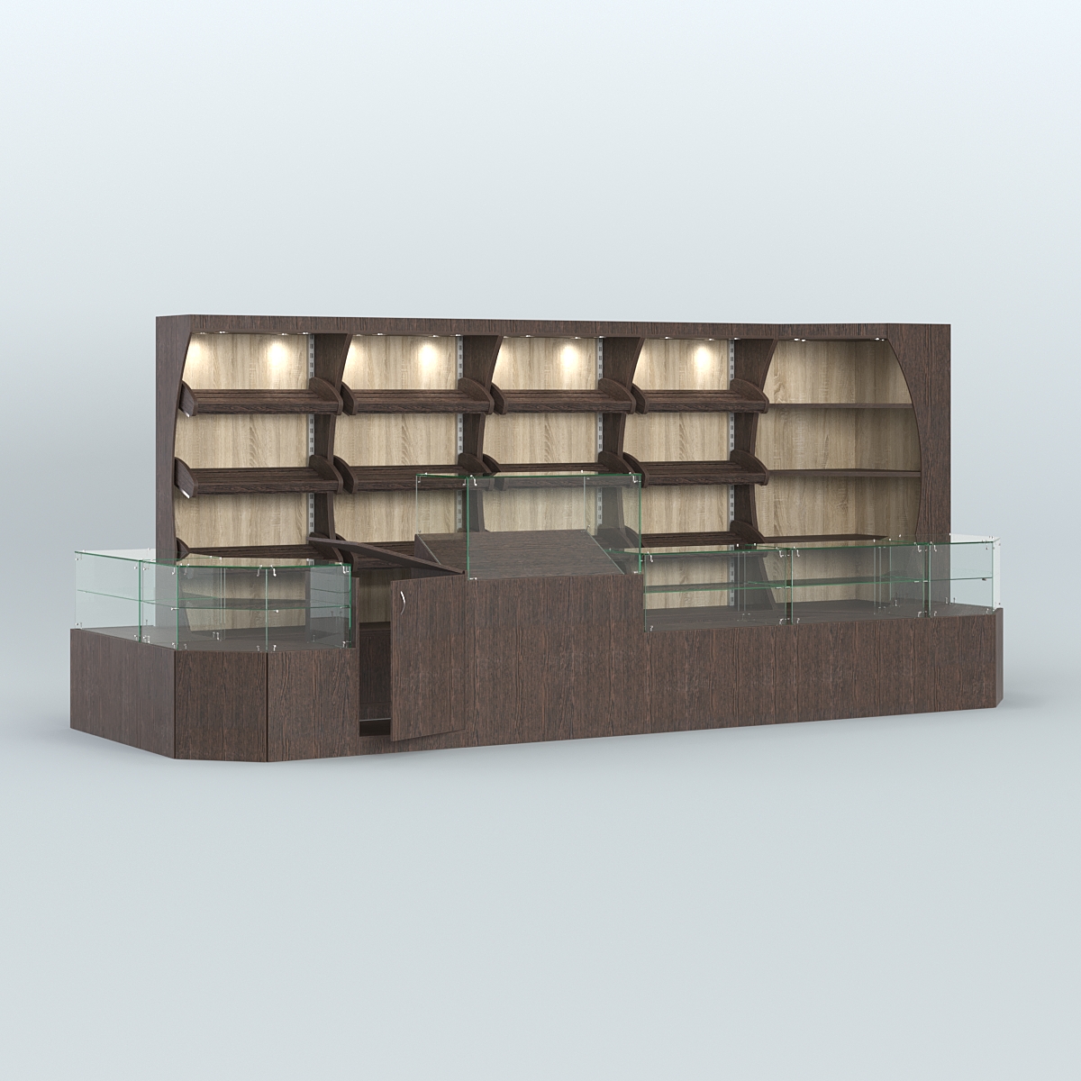 Угловой павильон с широким рядом стеллажей для размещения хлеба и выпечки №4 Дуб Венге + Дуб Сонома