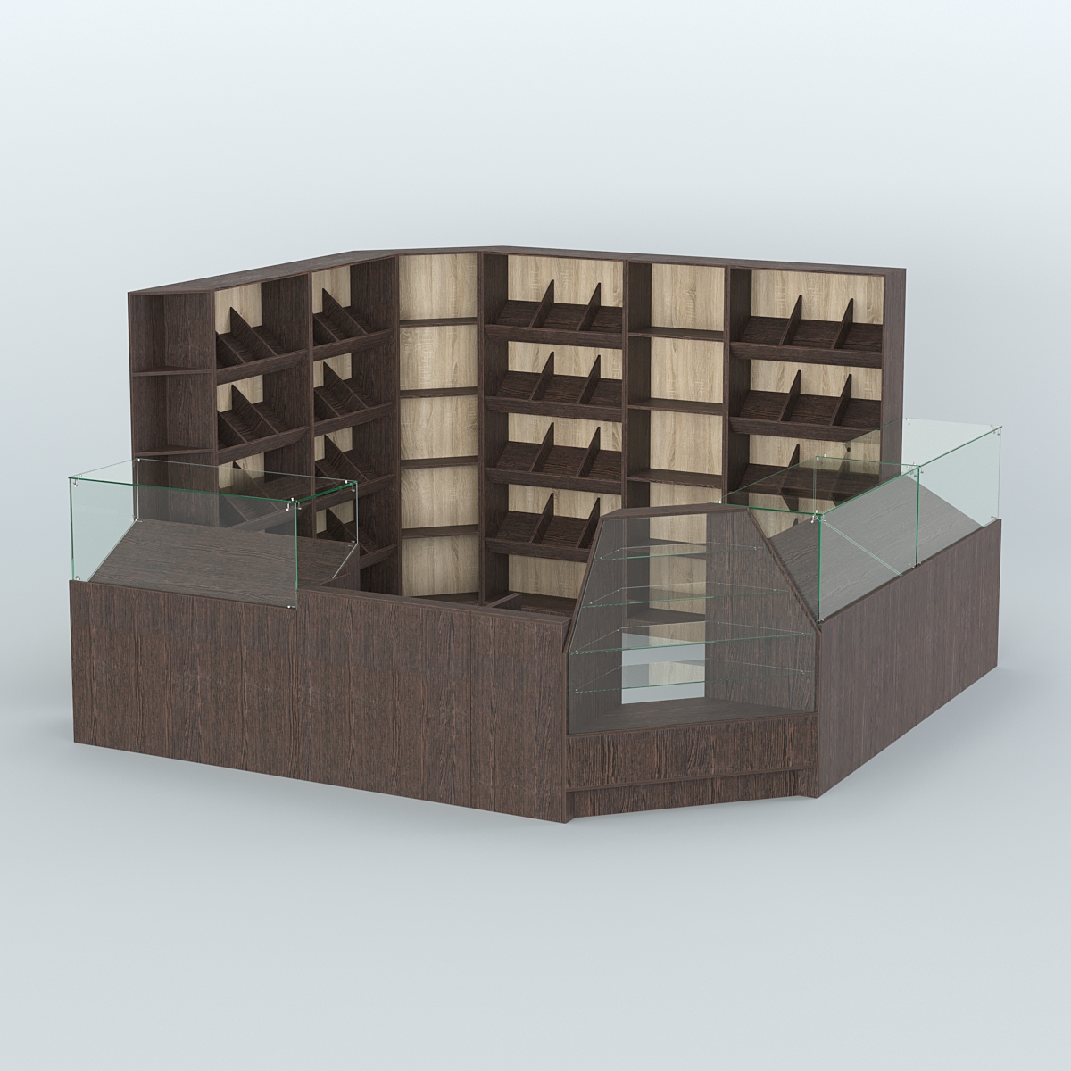 Угловой павильон из ДСП для торговли хлебом и выпечкой №5 Дуб Венге + Дуб Сонома