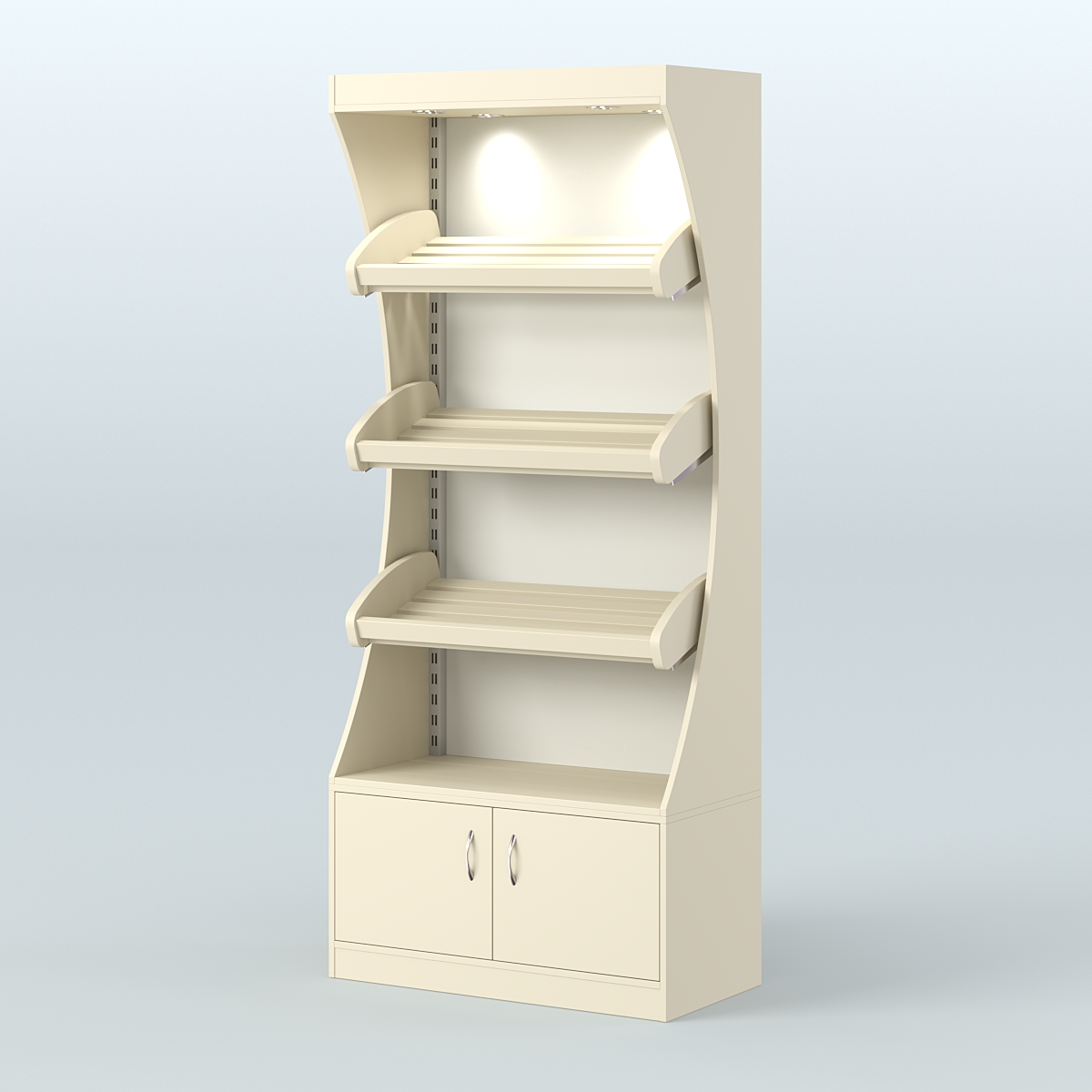 Стеллаж высокий пристенный с деревянными полками для хлебной лавки ХЛ-1 Крем Вайс + Белый