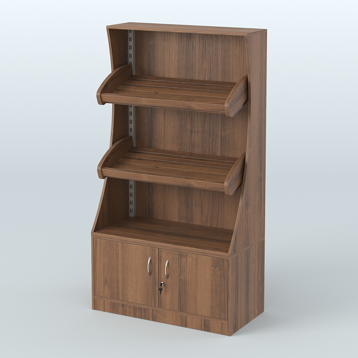 Стеллаж низкий пристенный с деревянными полками для хлебной лавки ХЛ-2 Орех