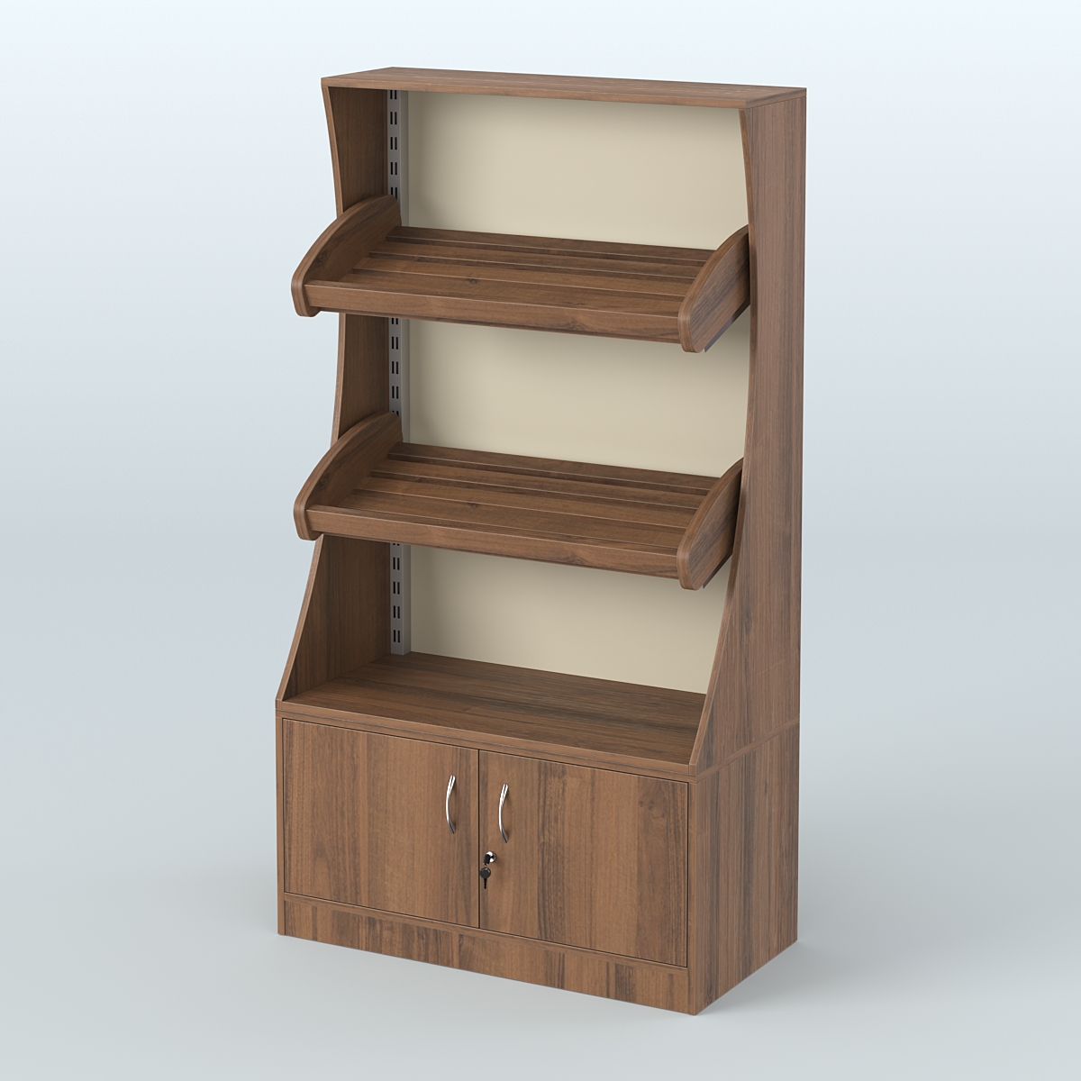 Стеллаж низкий пристенный с деревянными полками для хлебной лавки ХЛ-2 Орех + Крем Вайс