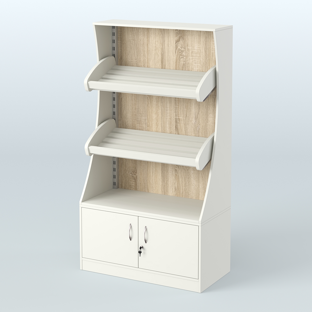 Стеллаж низкий пристенный с деревянными полками для хлебной лавки ХЛ-2 Белый + Дуб Сонома