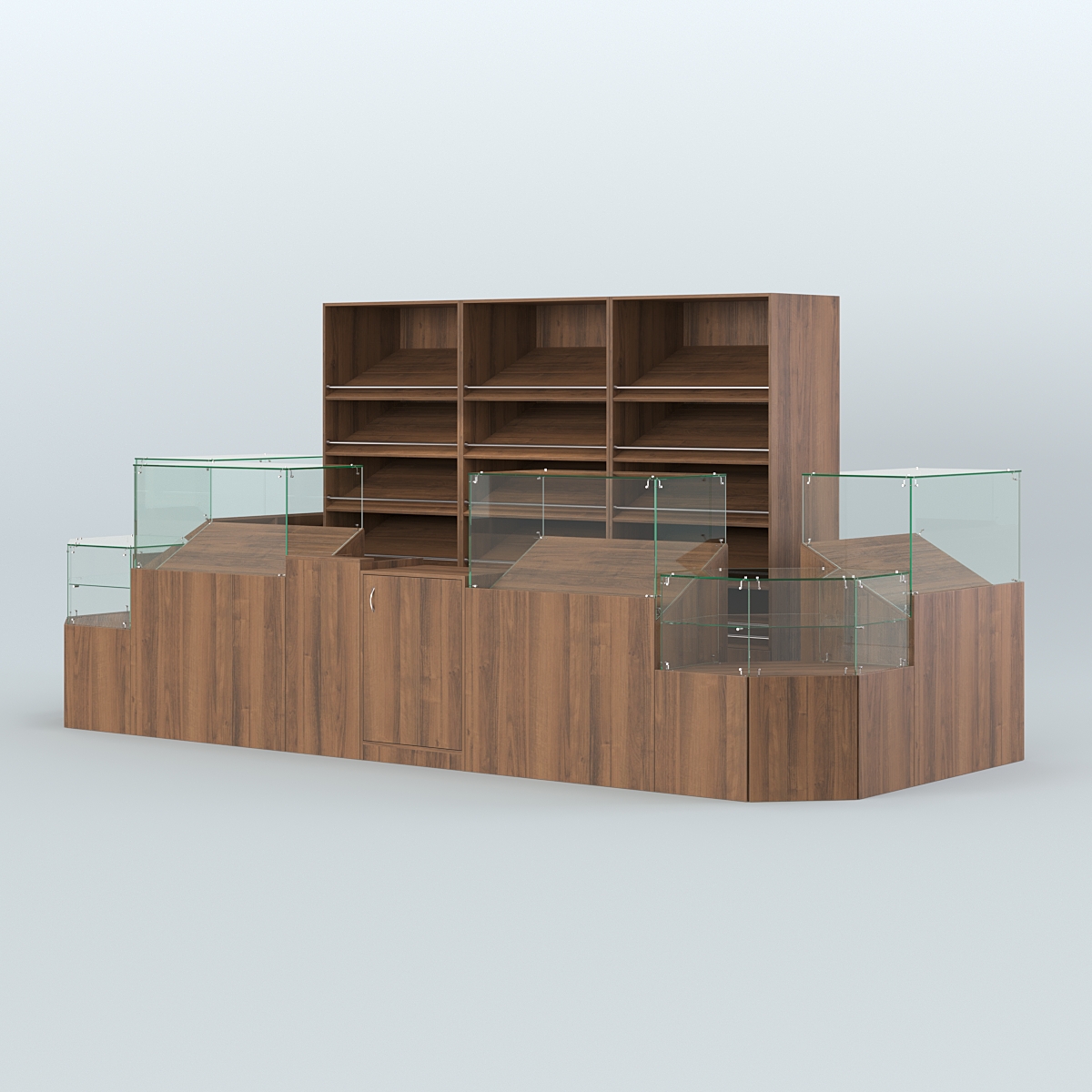 Пристенный павильон с прилавками и стеллажами для торговли хлебом и выпечкой №5 Орех