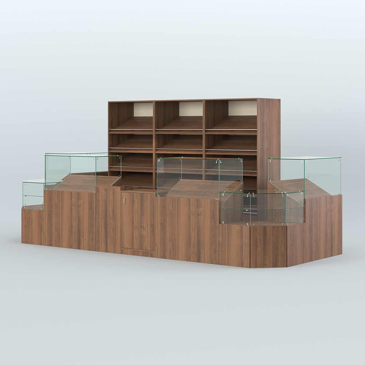 Пристенный павильон с прилавками и стеллажами для торговли хлебом и выпечкой №5 Орех + Крем Вайс