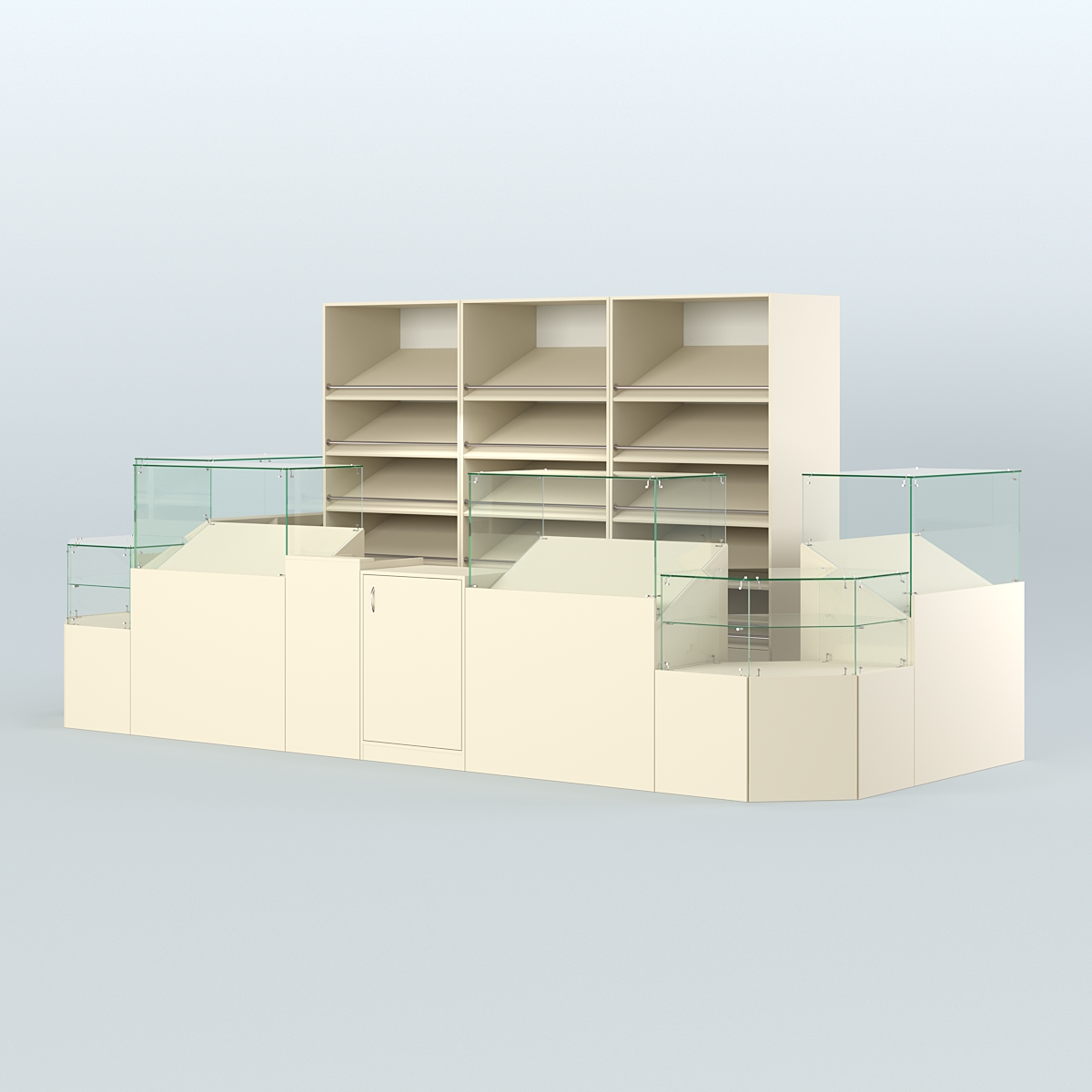 Пристенный павильон с прилавками и стеллажами для торговли хлебом и выпечкой №5 Крем Вайс + Белый